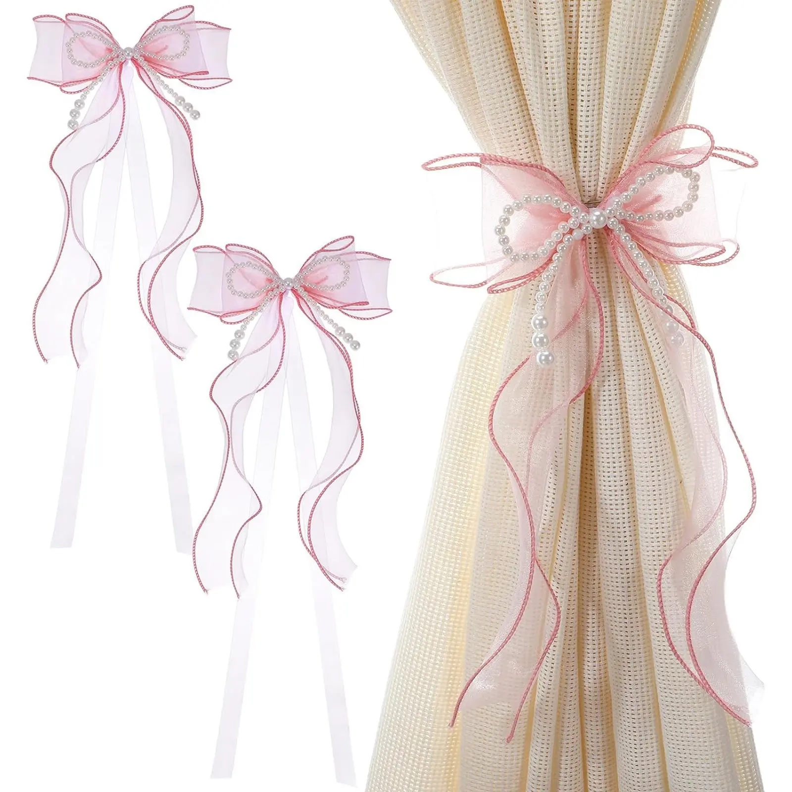 2 Pack PInk French Silky Bow Curtain Tiebacks, Elegant Lace Ribbon for Curtains Decorative Rope Accessories Home Décor Decoration