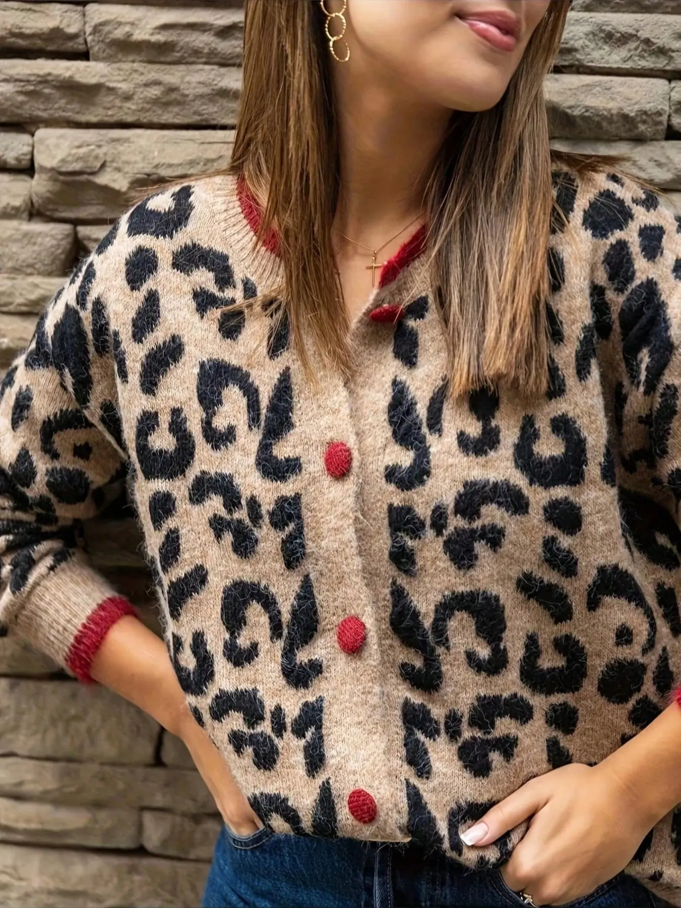 Plus Size Women's Leopard Print Long Sleeve Knit Cardigan, Button Front, Color Block Trim, Casual Top for Fall Winter Spring