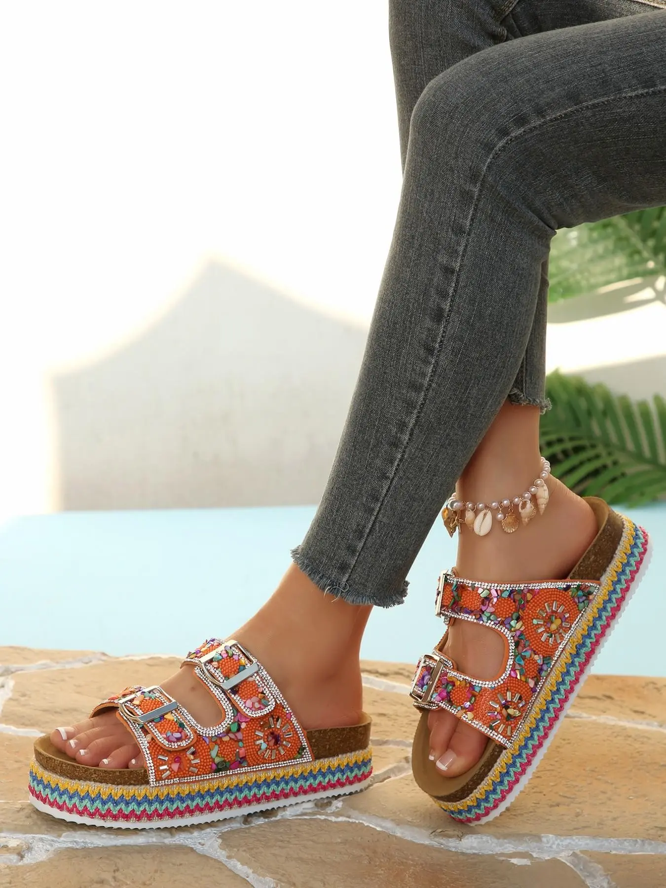 Women's Boho Rainbow Sandals, PU Leather Thick Sole Slip Ons, All over Print Design, Multiple Colors Available, Perfect for Vacation