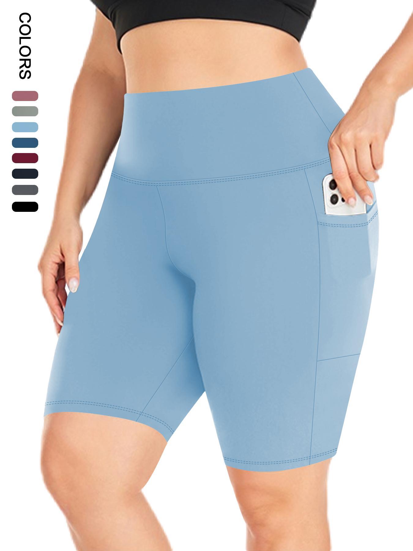 Plus Size Plain High Waist Convenient Pockets Snug Fit Skinny Shorts, Activewear Shorts, Athletic Shorts, Comfy Breathable High Stretch Elasticity Seamless Shorts for Daily Outdoor Sport, Women's Bottoms for Summer