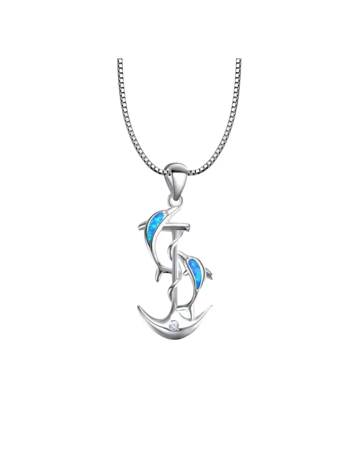 Dolphin Anchor Pendant Necklace with Blue Opal,Silver Plated Nautical Jewelry,Marine Life Gift for Women,Minimalist Ocean Theme