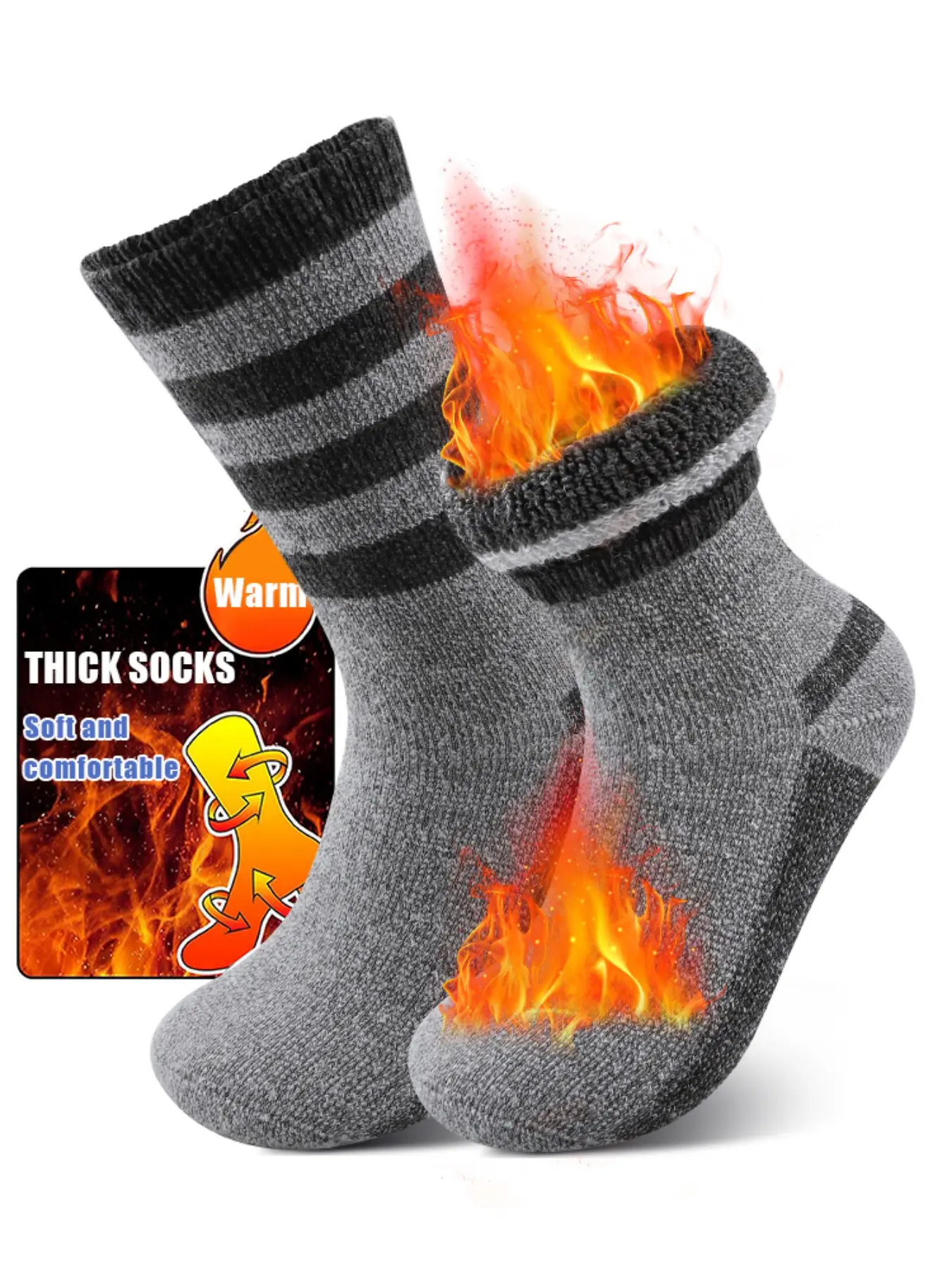 Men's Classic Striped Thick Warm Socks, High Elasticity, Calf High, Fall & Winter, Outdoor Sports Socks, Camping Skiing Socks