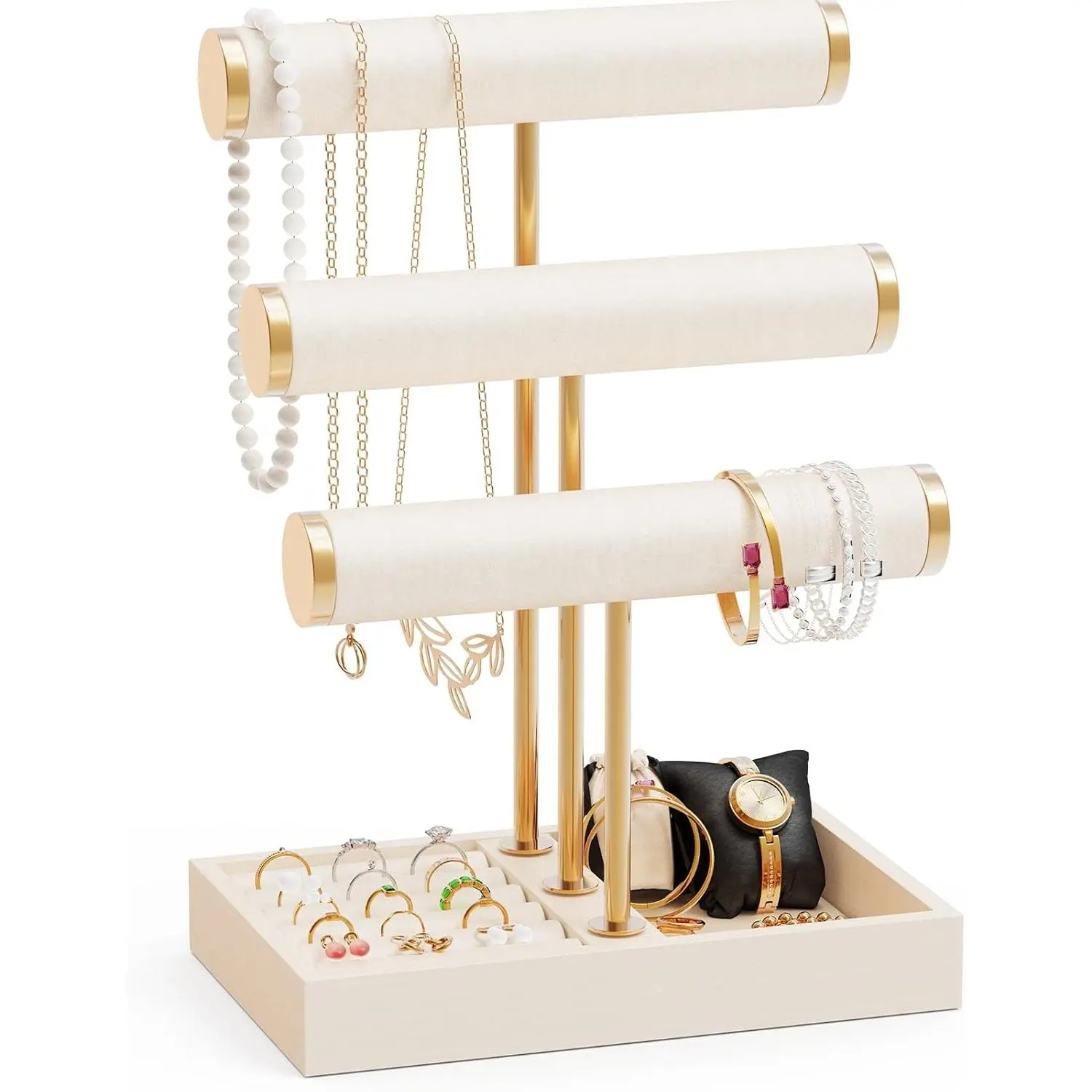 3 Tier Necklace Holder Display, Jewelry Organizer, Jewelry Stand, Bracelet Display, Necklace Organizer, Bracelet holder, Jewelry Display for Necklace, Watches, Rings, Beige