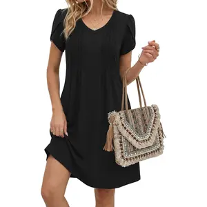 Summer Dresses for Women Casual A Line Dress 2026 V Neck Short Dresses Floral Sundress Pleated Boho Dress