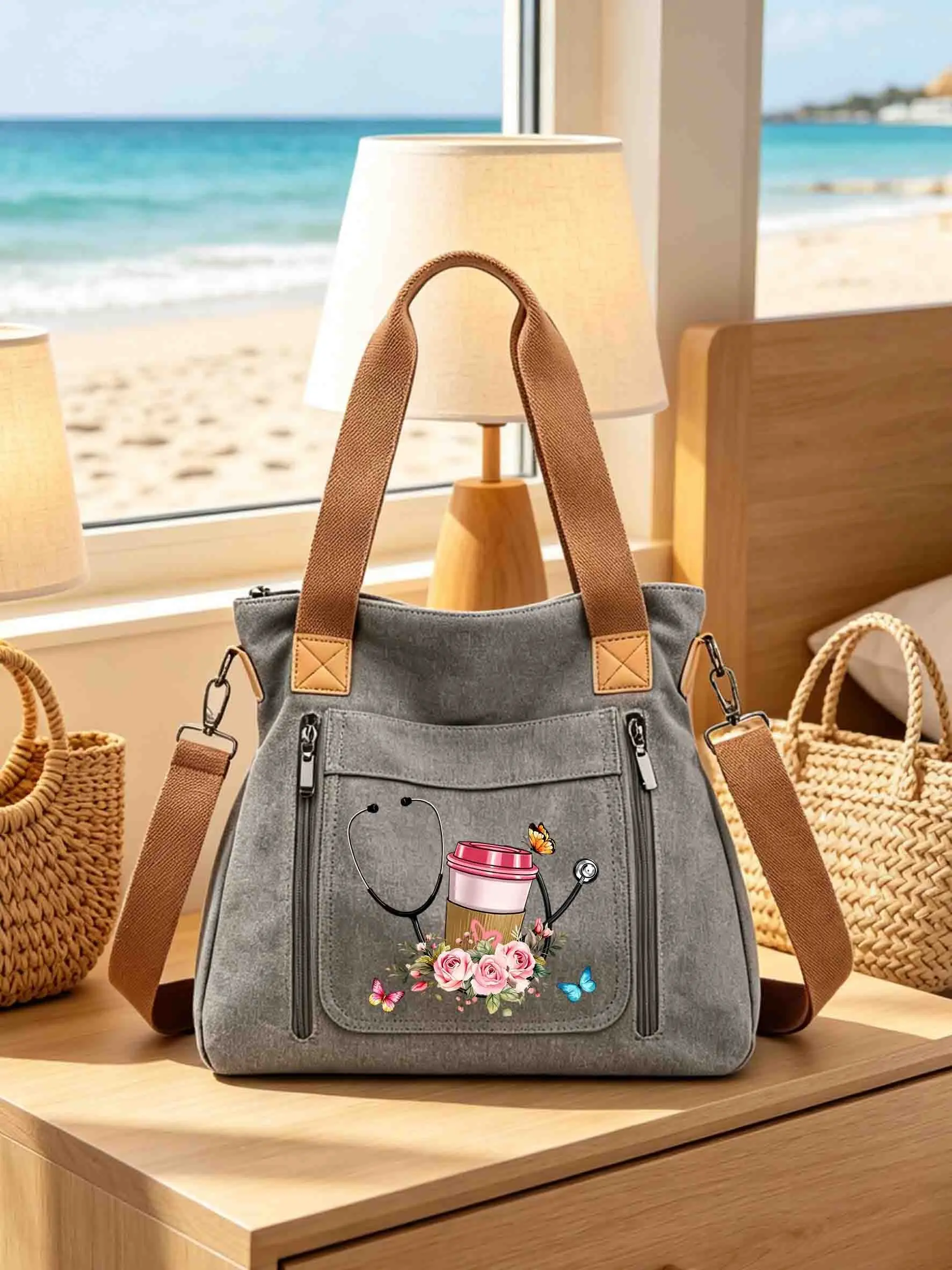 Floral Stethoscope Coffee Butterfly Print Canvas Tote Bag, Casual Trendy Bag, Multi-Zip Pockets, Reusable Crossbody Shoulder Bag for Nurses, Doctors, Travel, Gifts, Hand Shoulder Bag