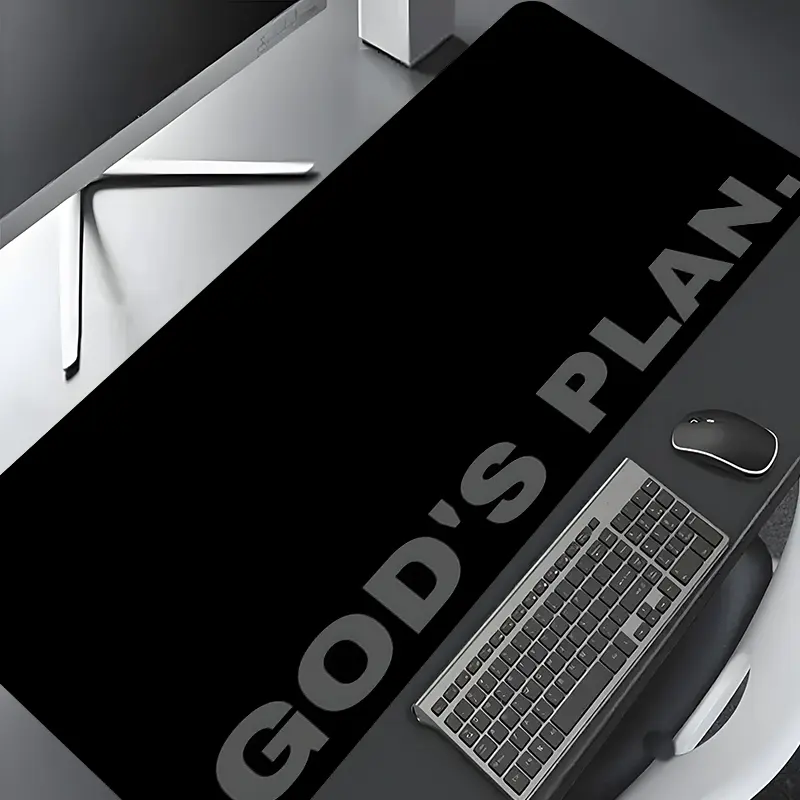 Black "GOD'S PLAN" Letter Print Extra Large Gaming Mouse Pad, Mouse pads for desk, Non-Slip Mousepad, Desktop Protection Pad, Washable Rubber Stitched Edges Desk Pad, for Home & Office, Desktop Accessory, Available in Multiple Sizes