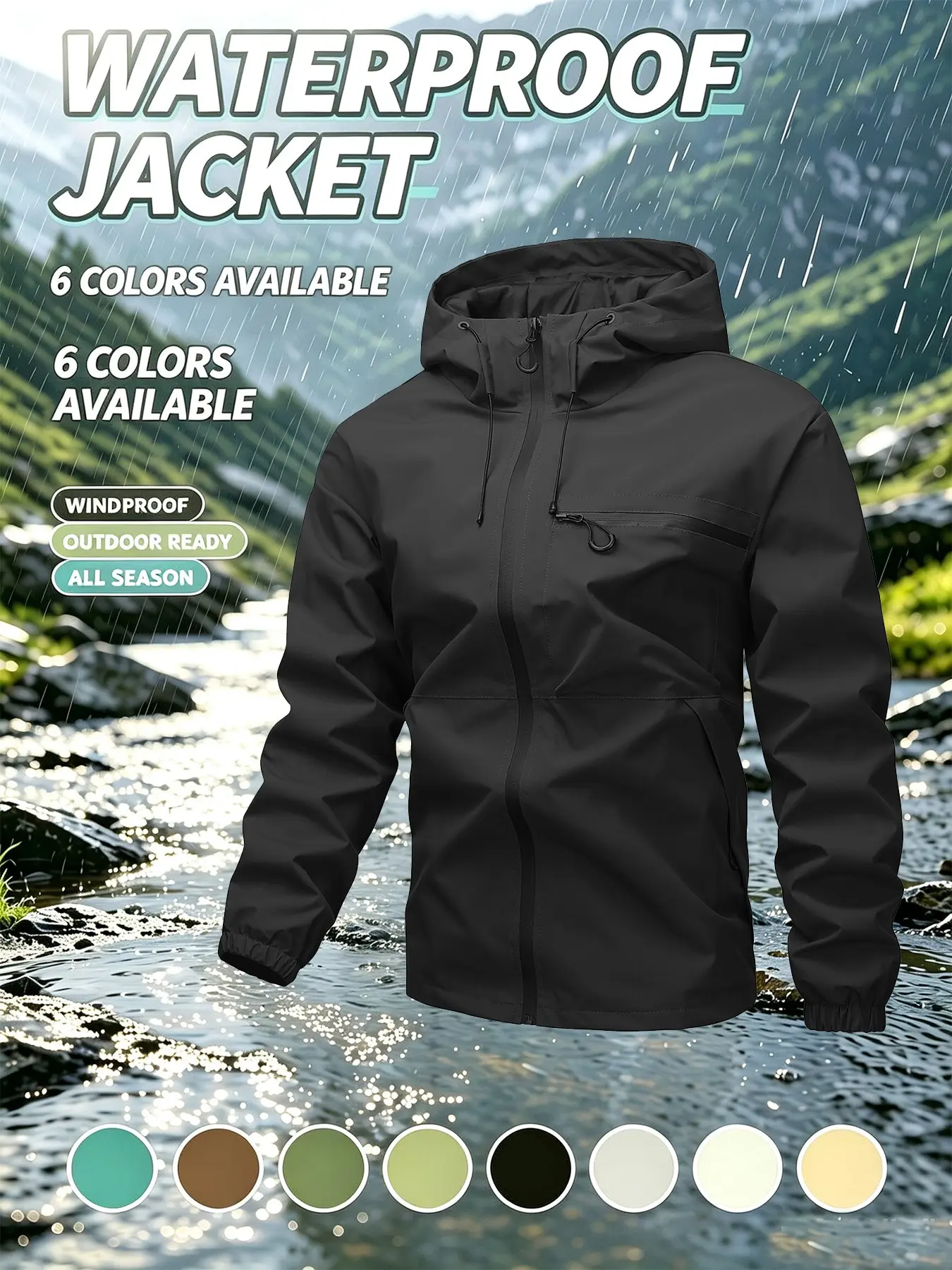 Men's Waterproof Jacket, Casual Hooded Outerwear with Zip Pockets, Perfect for Outdoor Activities, Durable & Comfortable Design