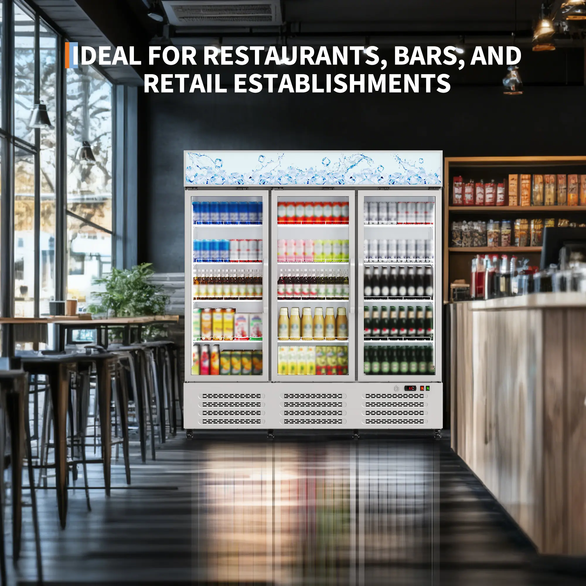 Commercial Beverage Refrigerator, 39/40 Cu.Ft - 3 Glass Door Merchandiser Cooler - 360° Circulation Cooling, Adjustable Shelves, LED Lighting, Frost-Free, Heavy-Duty Castors, Energy Efficient - For Restaurant, Bar, Supermarket, Cafe, Liquor Store