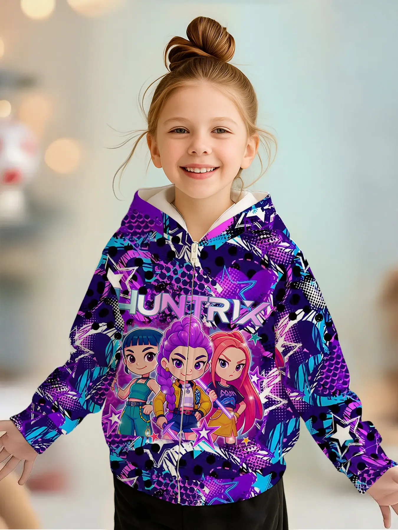 Girls' Spring Fall Zipper Hoodie Jacket, Blue Polka Dot Cartoon Full Print Long Sleeve, Casual Loose Fit, Perfect for Gifts, Casual Cute Outerwear
