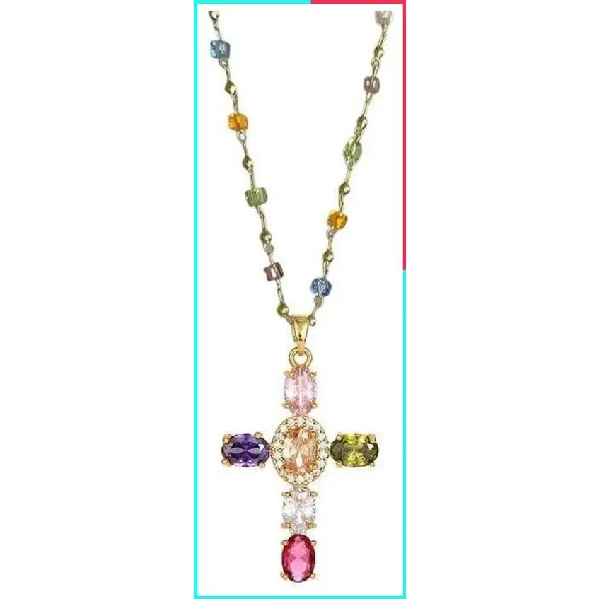 Rainbow Cross Pendant Necklace with Colorful Shiny Rhinestones, Dainty Faith Charm Jewelry for Women