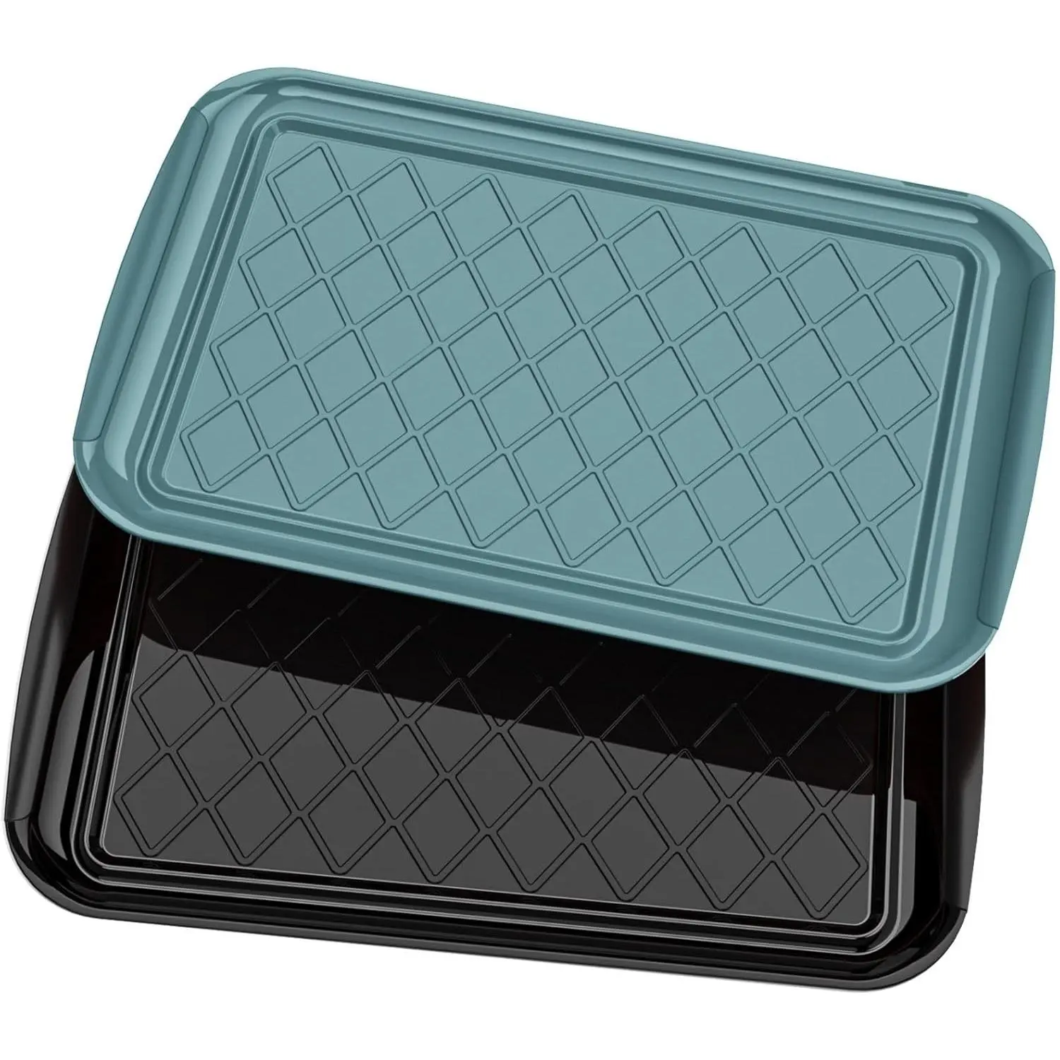 Durable Sturdy Lightweight Portable Thick Plastic Grilling Prep & Serve Trays (Set of 2, 17"×10.5") - Large Stackable Camping Platters, Dishwasher Safe, Green/Black