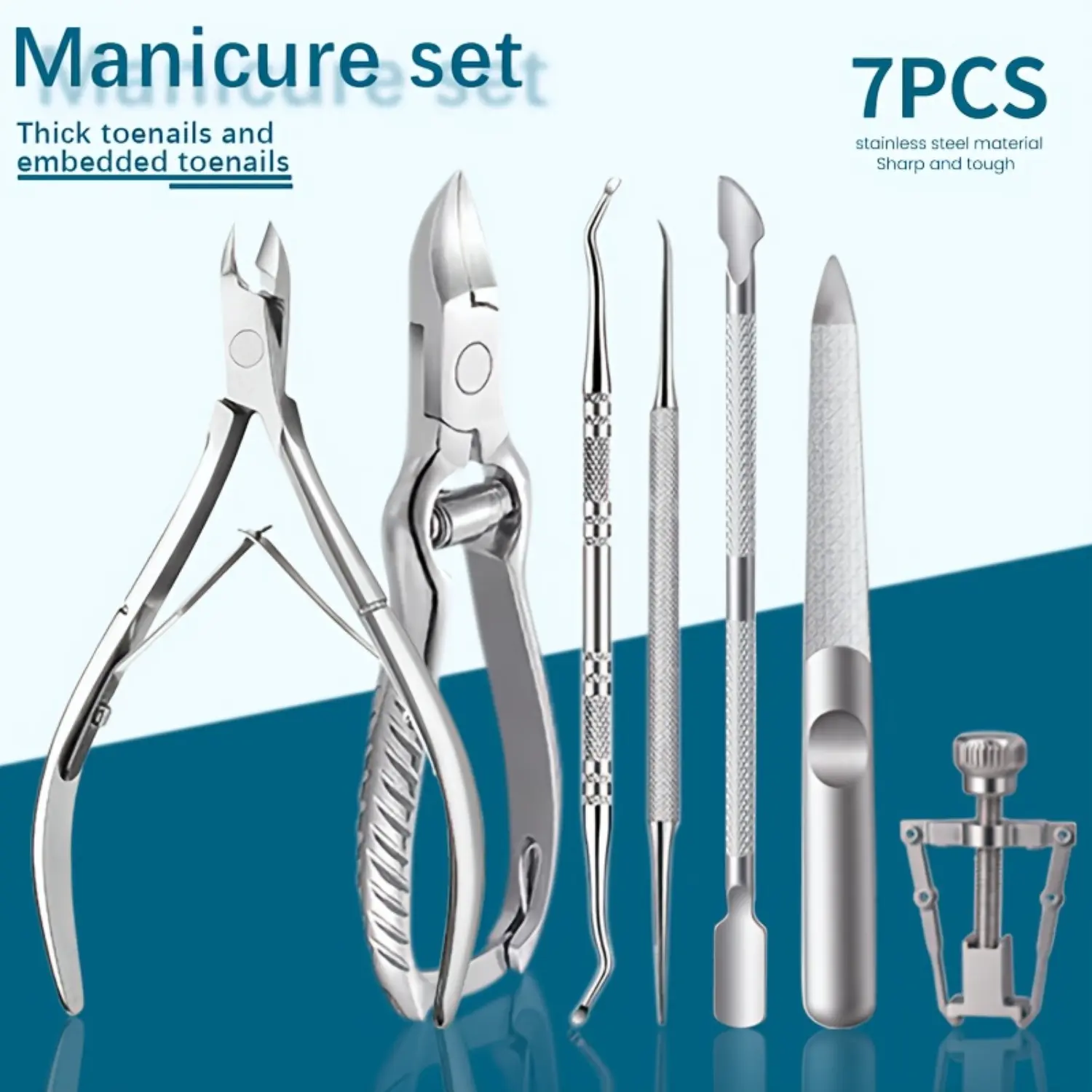 7Pcs Stainless Steel Manicure Pedicure Kit Cuticle Nipper Thick Toenail Clipper Nail Pick Cuticle Pusher Nail File Ingrown Toenail Corrector Home Salon Nail Care Tools For Hard Embedded Nails