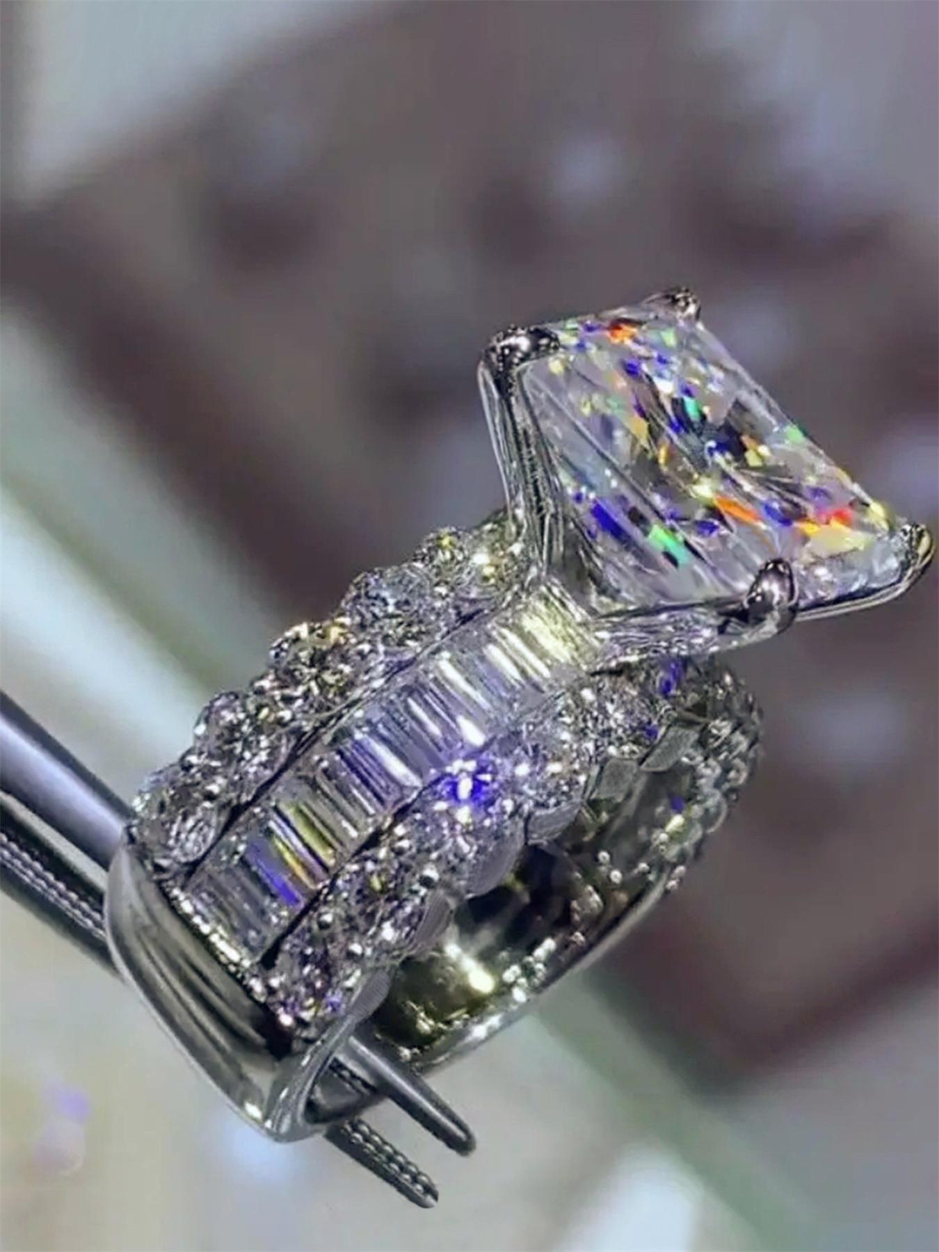 S925 Sterling Silver Artificial Zircon Emerald Cut Solitaire Ring, Wedding Engagement Ring, Fashion Accessories for Women, Trendy All-match & Exquisite Jewelry for Birthday Gift, Statement Ring