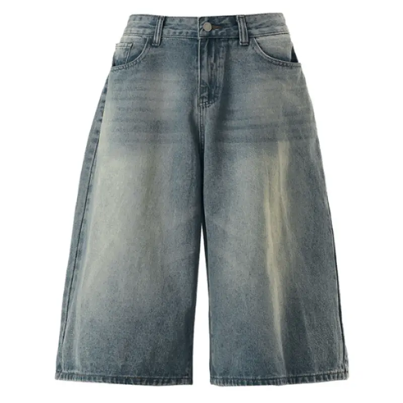 Men's Retro 5-Pocket Mid-Waist Mid-Calf Denim Shorts - Fashion Streetwear Mens Clothing, Unisex, Clean Washed Unadorned Surface, Single Button Metal Fly, Classic Stitching Seam, Versatile Summer Daily Jean Culottes, Basic Bottoms