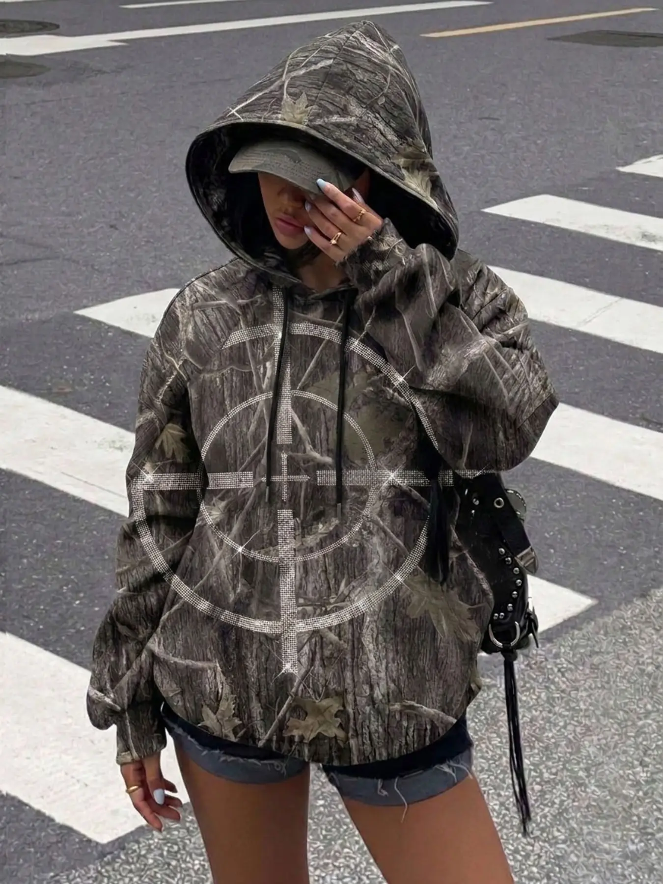 Tops, Women's Tops, Going Out Tops, Tree Camo Print Hoodie, Crosshair Target Graphic Oversized Drawstring Pullover Loose Fit Y2K Grunge Streetwear Sweatshirt For Women