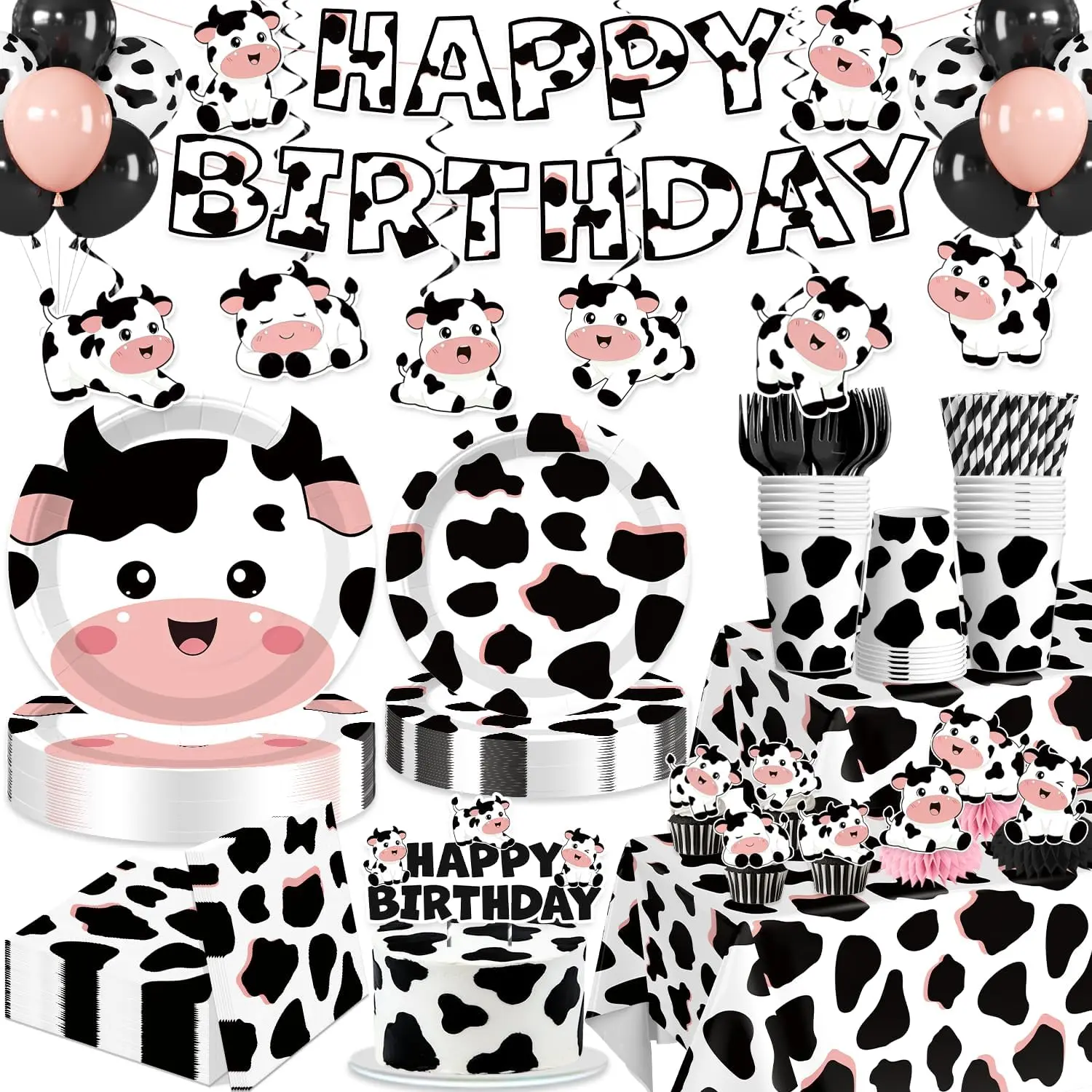 215PCS cow birthday party decorations, All-in-One Pink Cow Print Birthday Party Supplies with Plates, Napkins, Cups, Banner, Balloons, Tablecovers, Cake & Cupcake Toppers, Serves 25