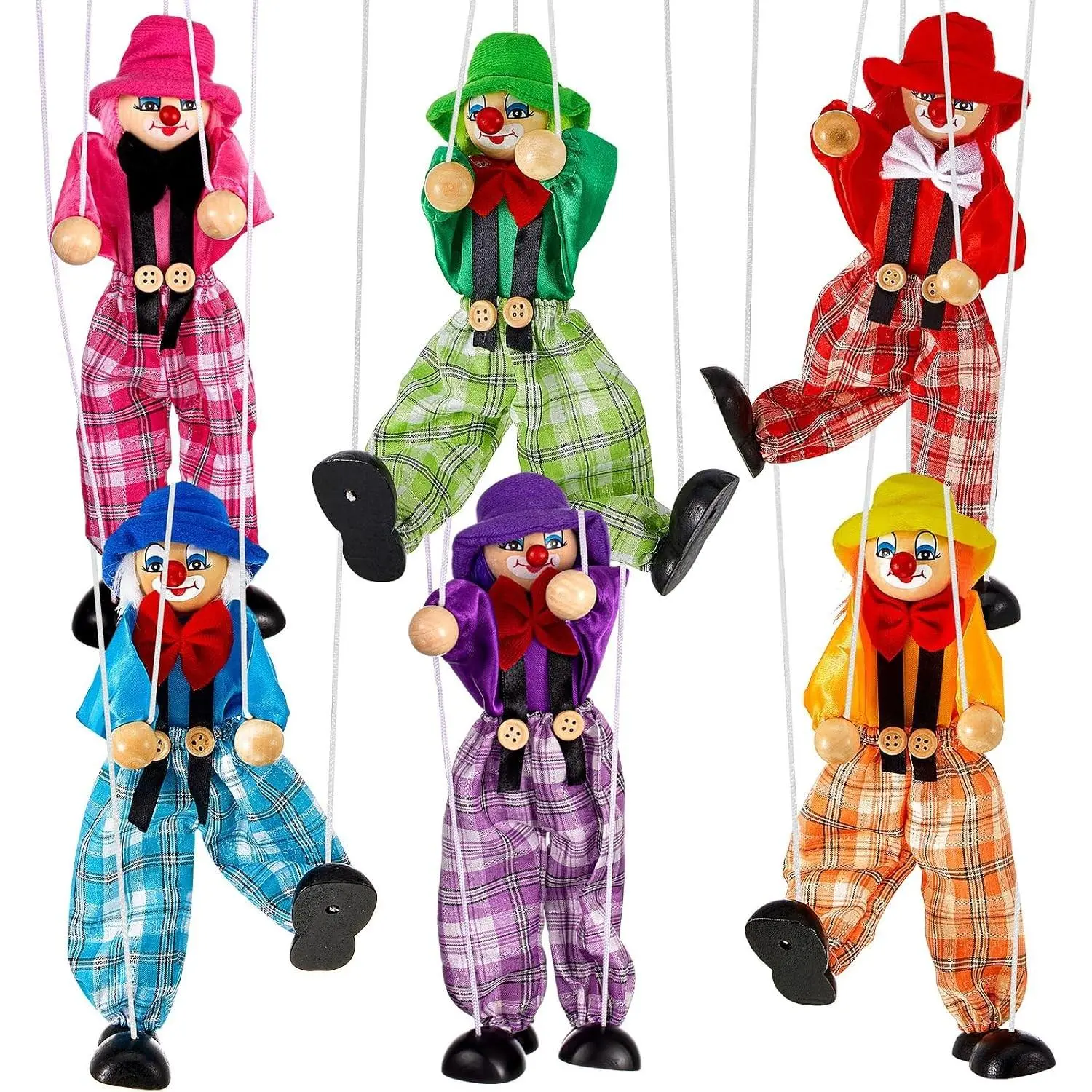 6 Pack Wooden Pull String Marionette Puppets, 6 Colors Clown Marionette String Clown Doll for Birthday Theater Puppetry Party