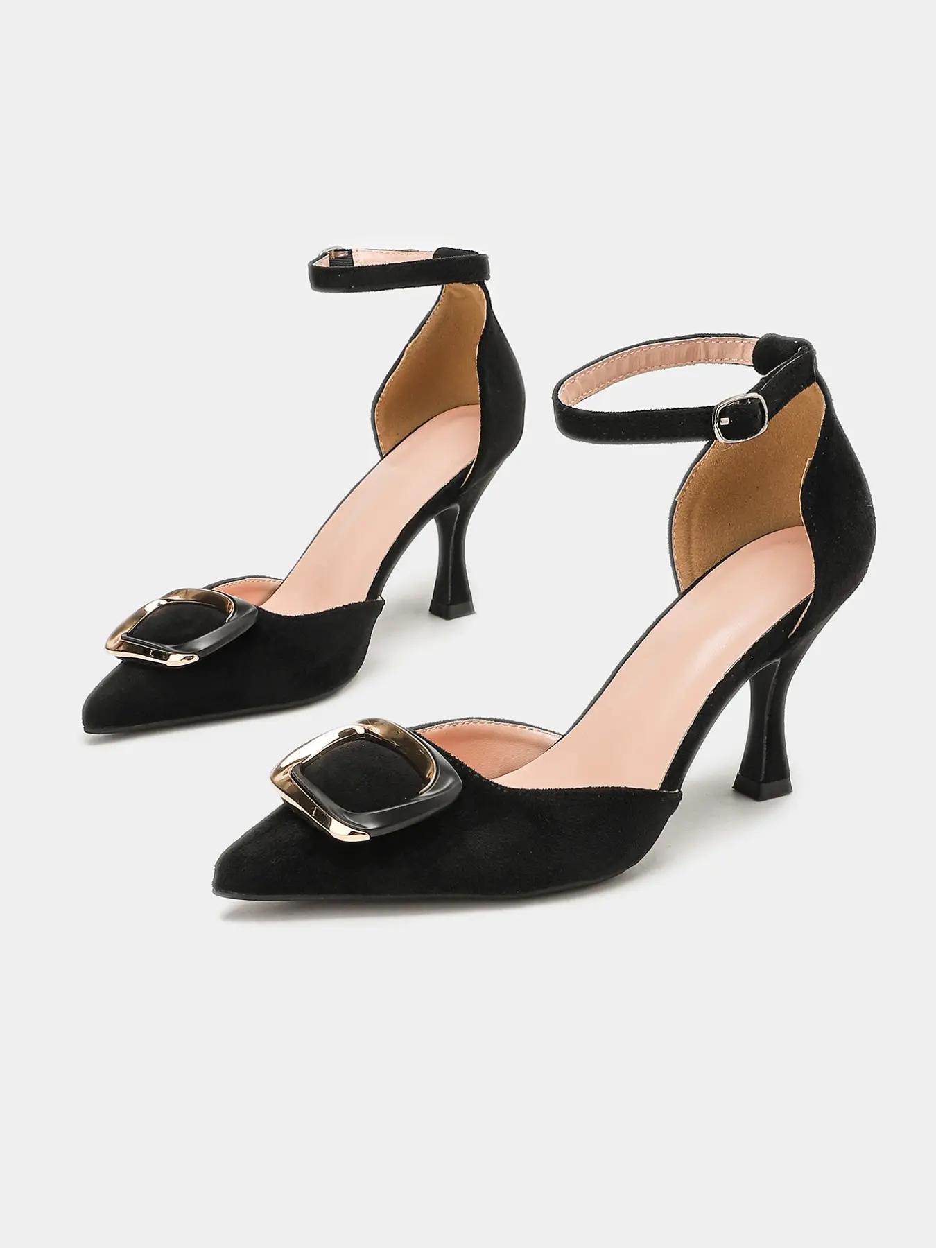 Women's Black Faux Suede Pointed Toe Flared High Heel Pumps, Adjustable Buckle Ankle Strap with Metal Square Buckle, Vintage Luxury Style Formal Shoes for Wedding, Banquet, Office & Party, Elegant Party Heels, EU Size 35-42