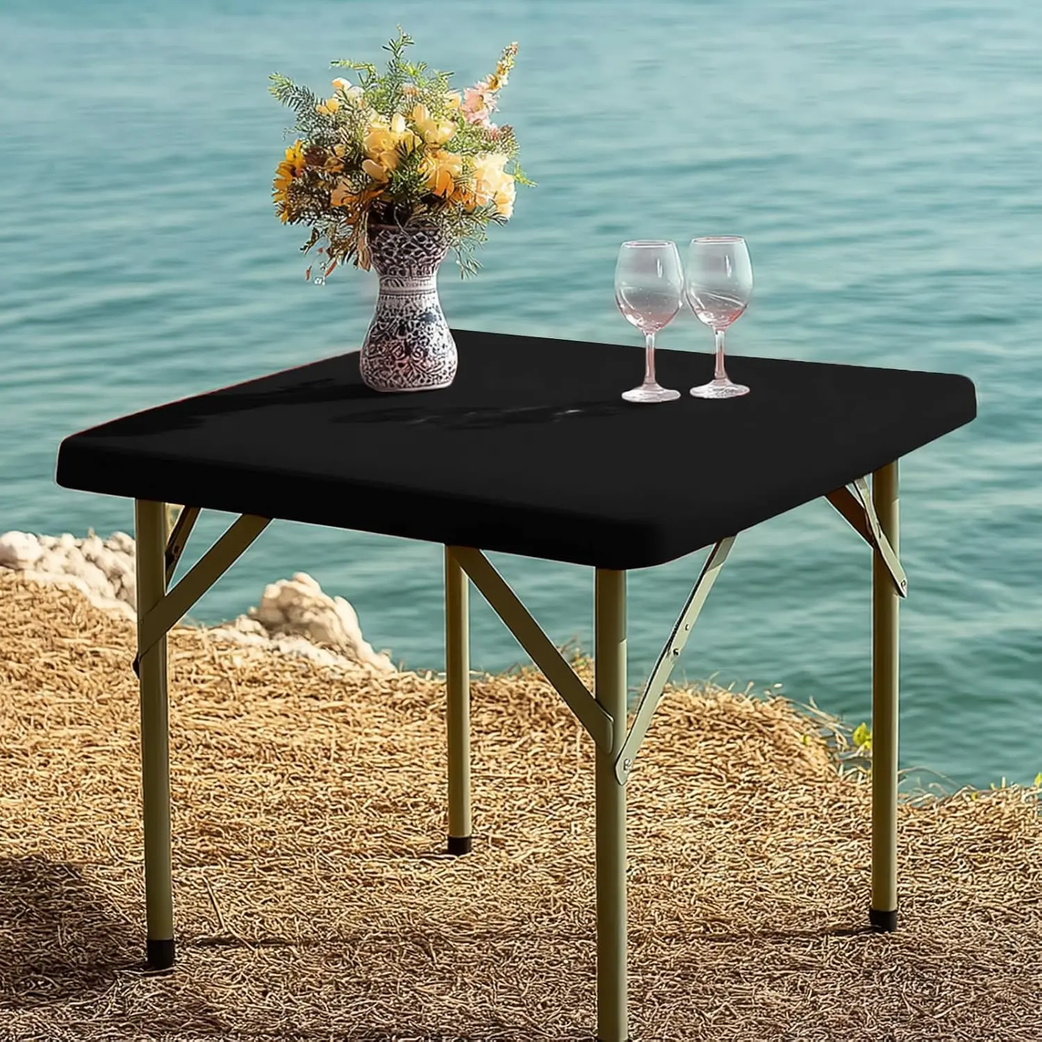 Fitted Tablecloth Black Card Elastic Spandex Table Cover-Small Stretch Folding Table Cloths for Kitchen Dining Picnic Patio Outdoor Party (Black, 34in*34in)