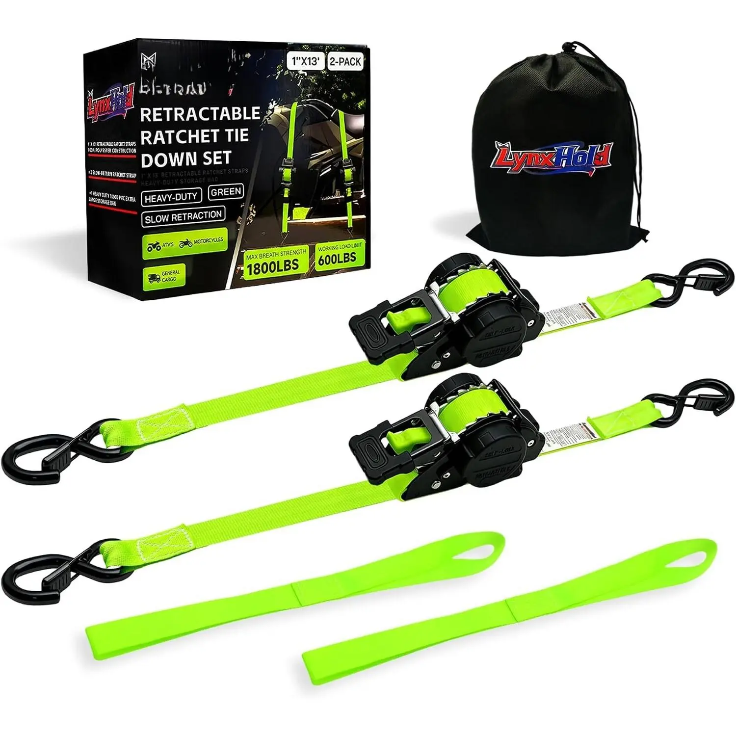 Retractable Ratchet Straps 1" x 13Ft, Heavy Duty Self Retracting Tie Down Straps, 1800lb Break Strength Auto Retract Cargo Straps for , , , ATV, UTV, (Fluorescent Green, 2 Pack)