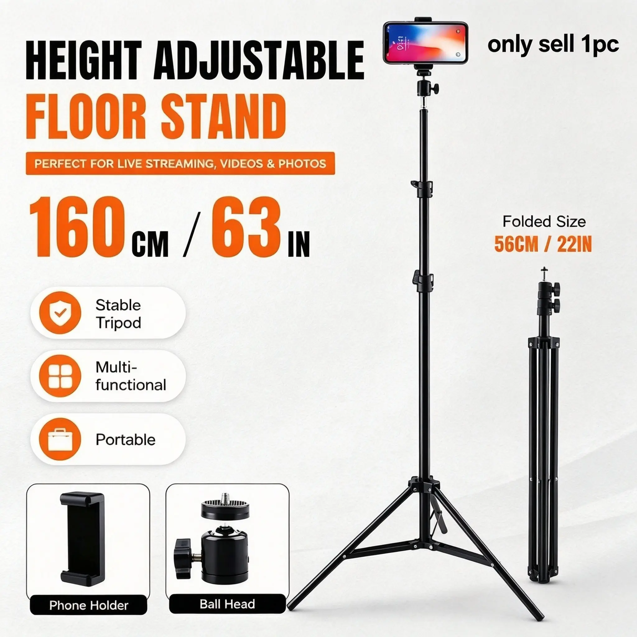 Portable 1.6m Camera Tripod Kit, Adjustable Height, Foldable Design, Stable Base, 360° Ball Head, Phone Holder, for Phones, Dslr, Action Cameras, Live Streaming Tripod