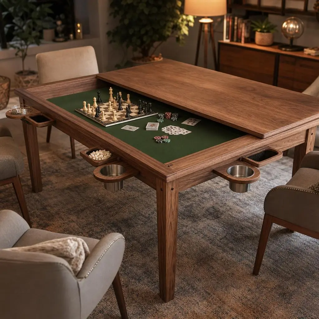Solid Wood Board Game Table with Cup Holders - 62" Convertible Dining & Puzzle Table, Heavy Duty Wooden Card Table with Recessed Play Area for Game Room