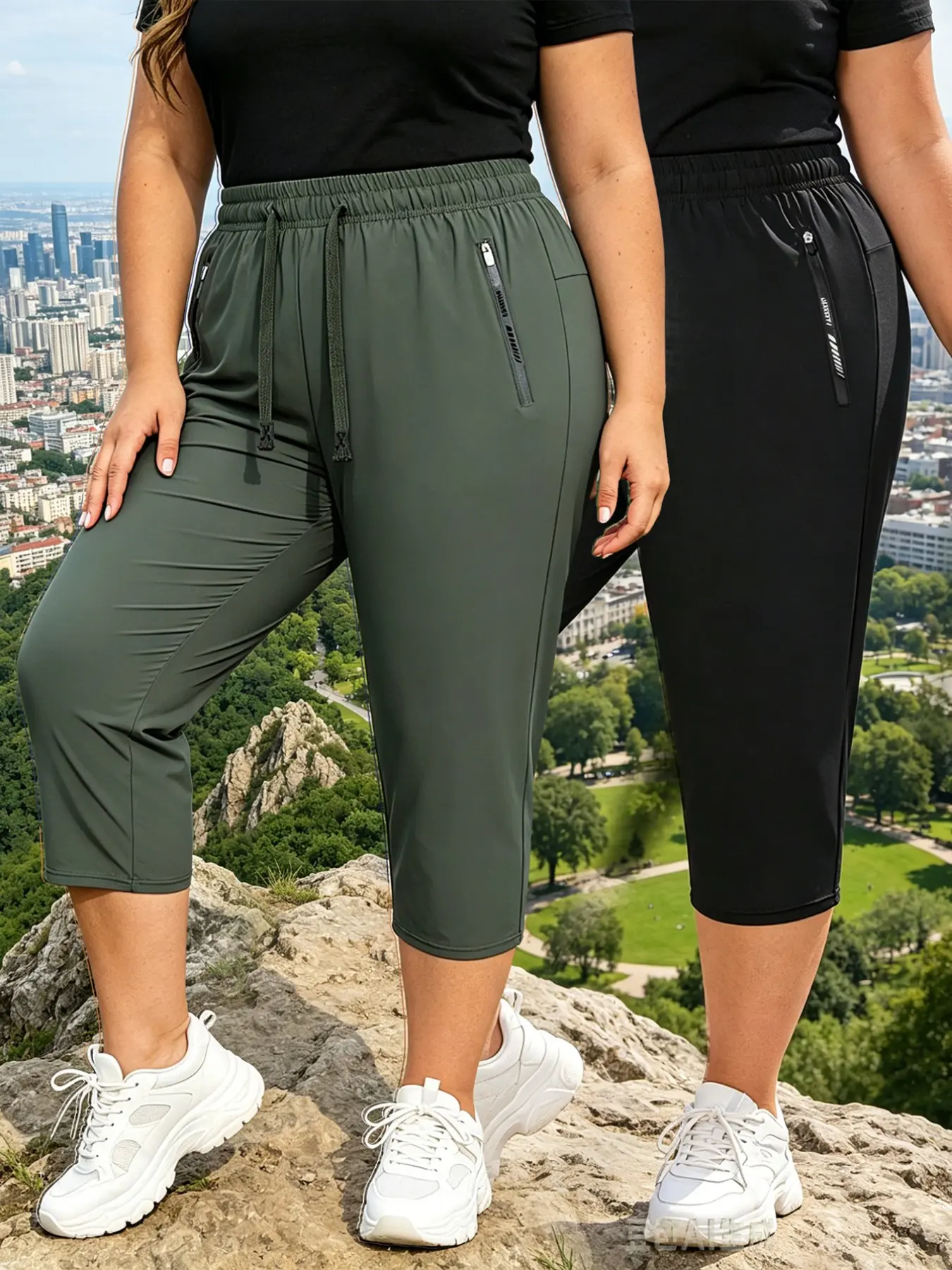 Women's Plus Size Elastic Waist Drawstring Capri Pants, Comfortable Sporty Cropped Shorts, Ideal for Gym and Casual Outing