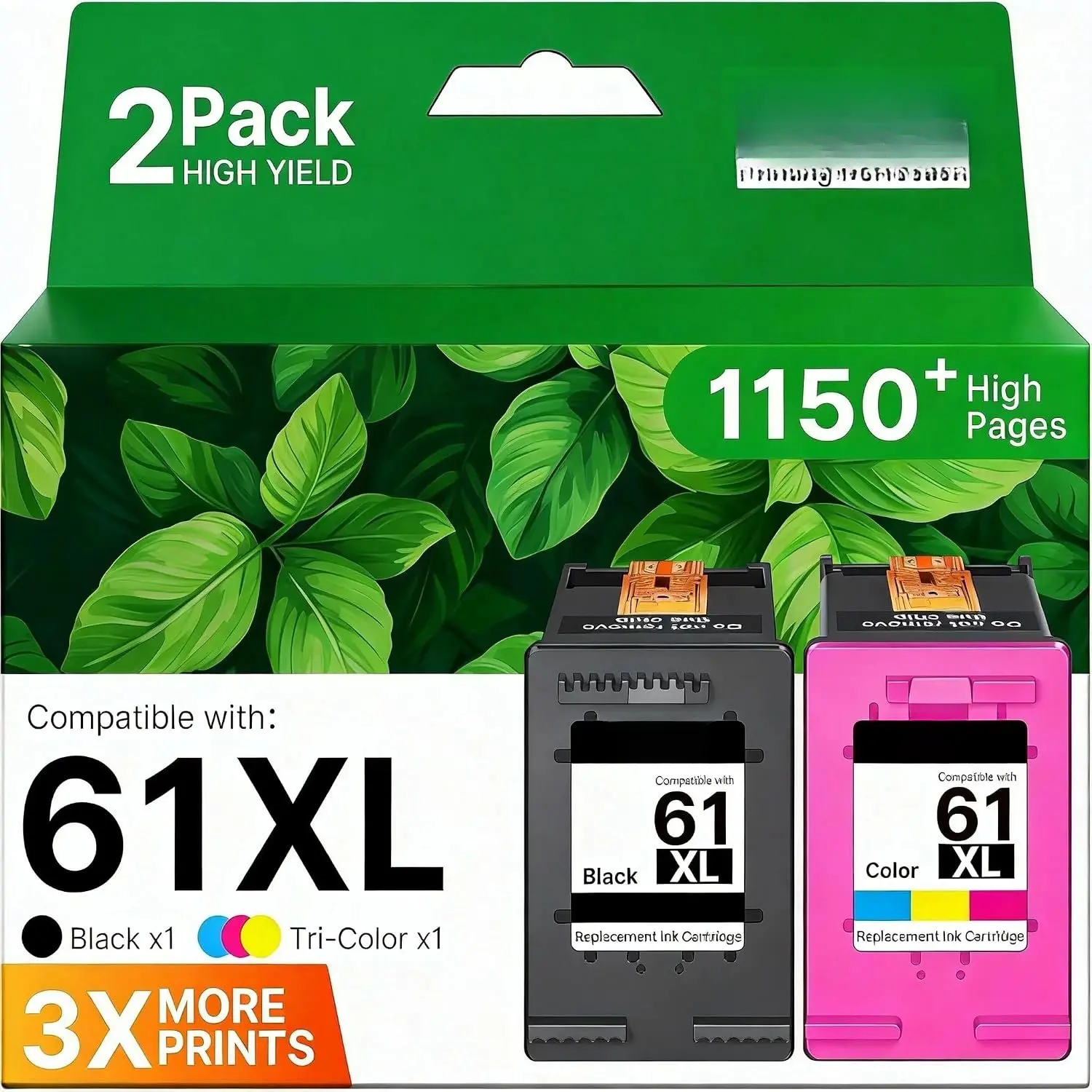 61XL High-Yield Ink Cartridges Combo Pack (2-Pack: 1 Black, 1 Tri-Color) Compatible with 61 Ink Printers Including Envy 4500, 4502, 5530, Deskjet 2540, 3510, OfficeJet 4630