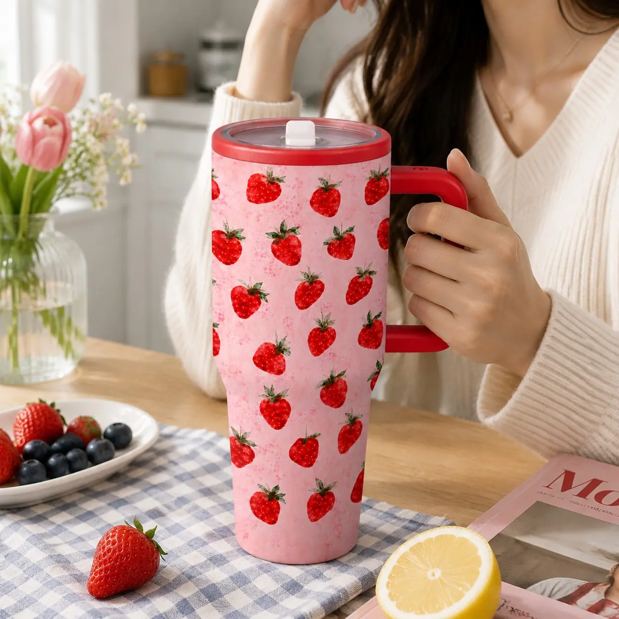 1PC 40oz Strawberry Leakproof Insulated Tumbler, Cute Kawaii Design, Stainless Steel, Vacuum Insulation, Leak-Proof Lid, Ideal for Coffee, Tea, Office, Travel