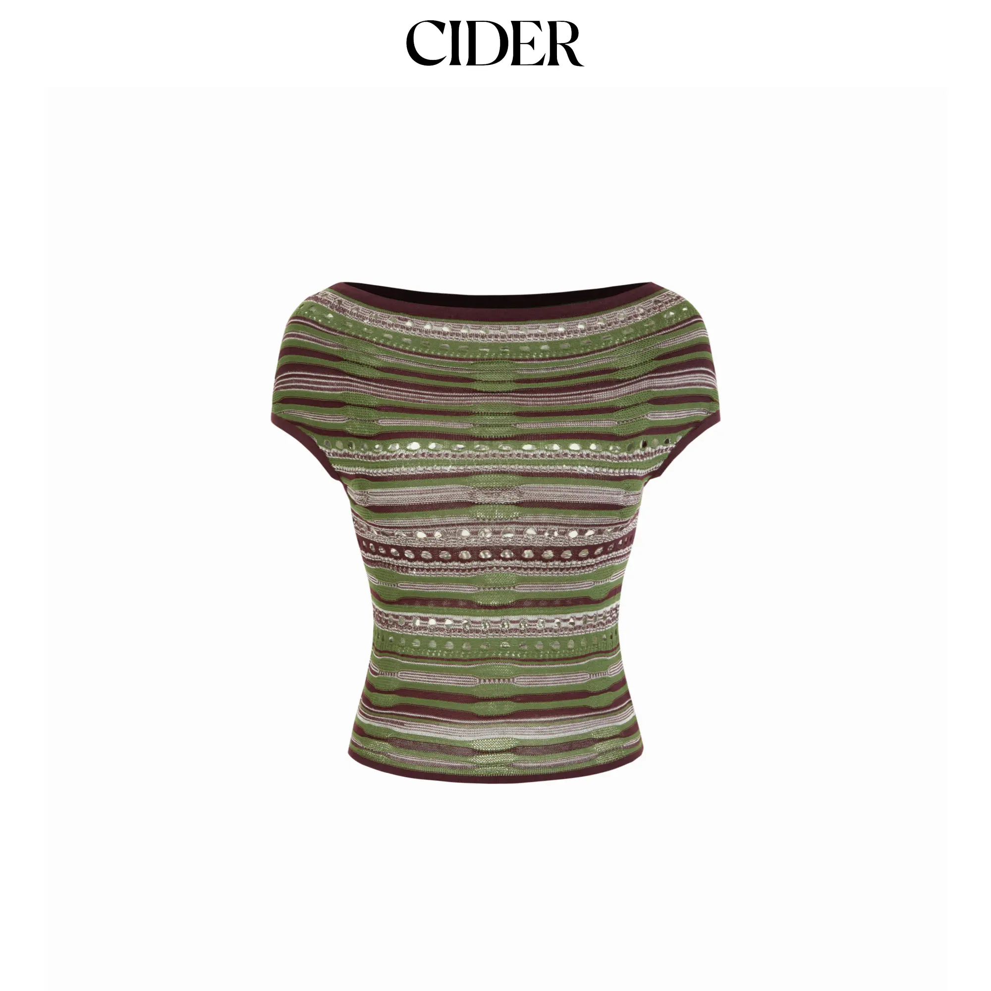 Cider Knit Striped Pointelle Off-Shoulder Short Sleeve Top