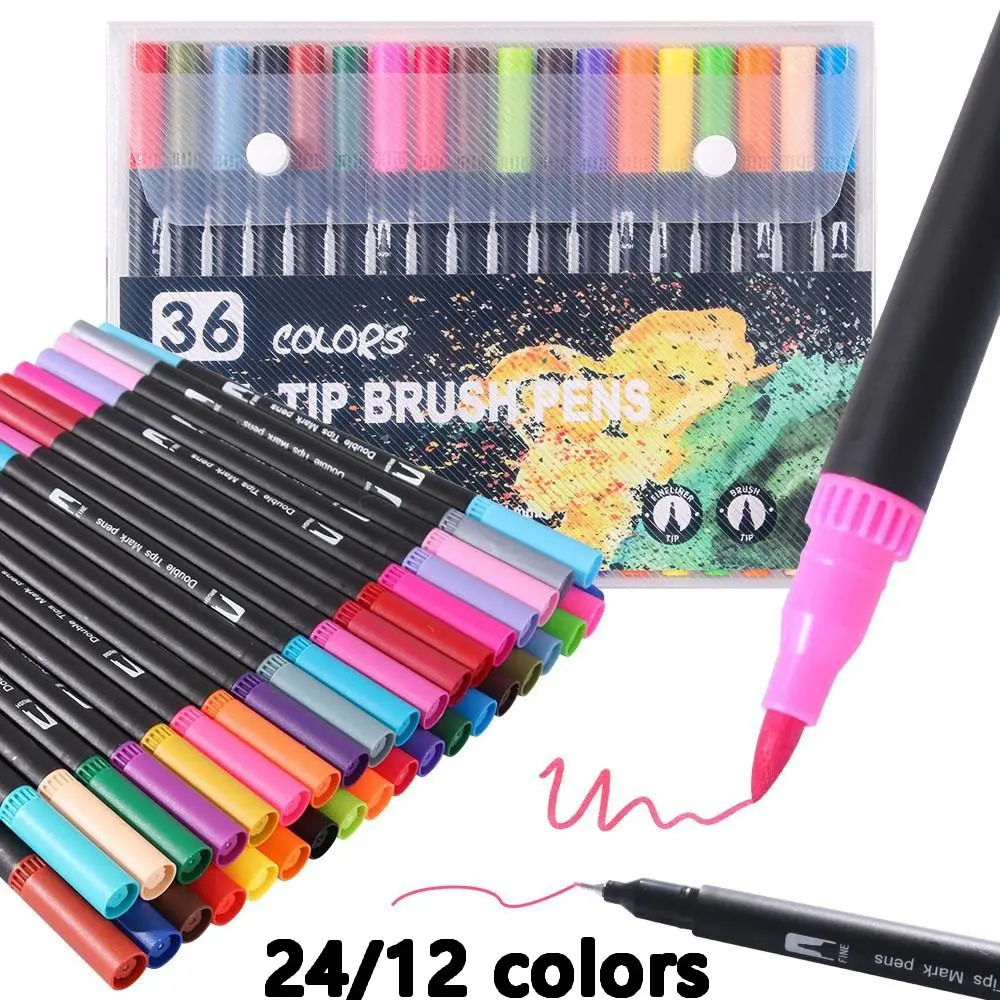 24/12 Color Dual-Ended Marker Pens, Dual Tip Marker, Watercolor Drawing Brushes, Art Line Set, Ideal for Classroom, Home, Office, Teacher Supplies, Gift Ideas