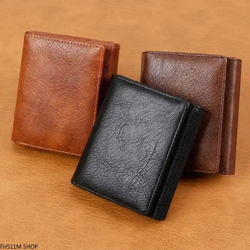 Unisex Chic Foldable Genuine Cowhide Leather Trifold Wallet - Slim RFID Blocking, Compact Organizer with 2 ID/Card Slots, Buckle Flap Closure, Plain Embossing, Minimal Retro, Coffee Color for Business Use, Daily Commute