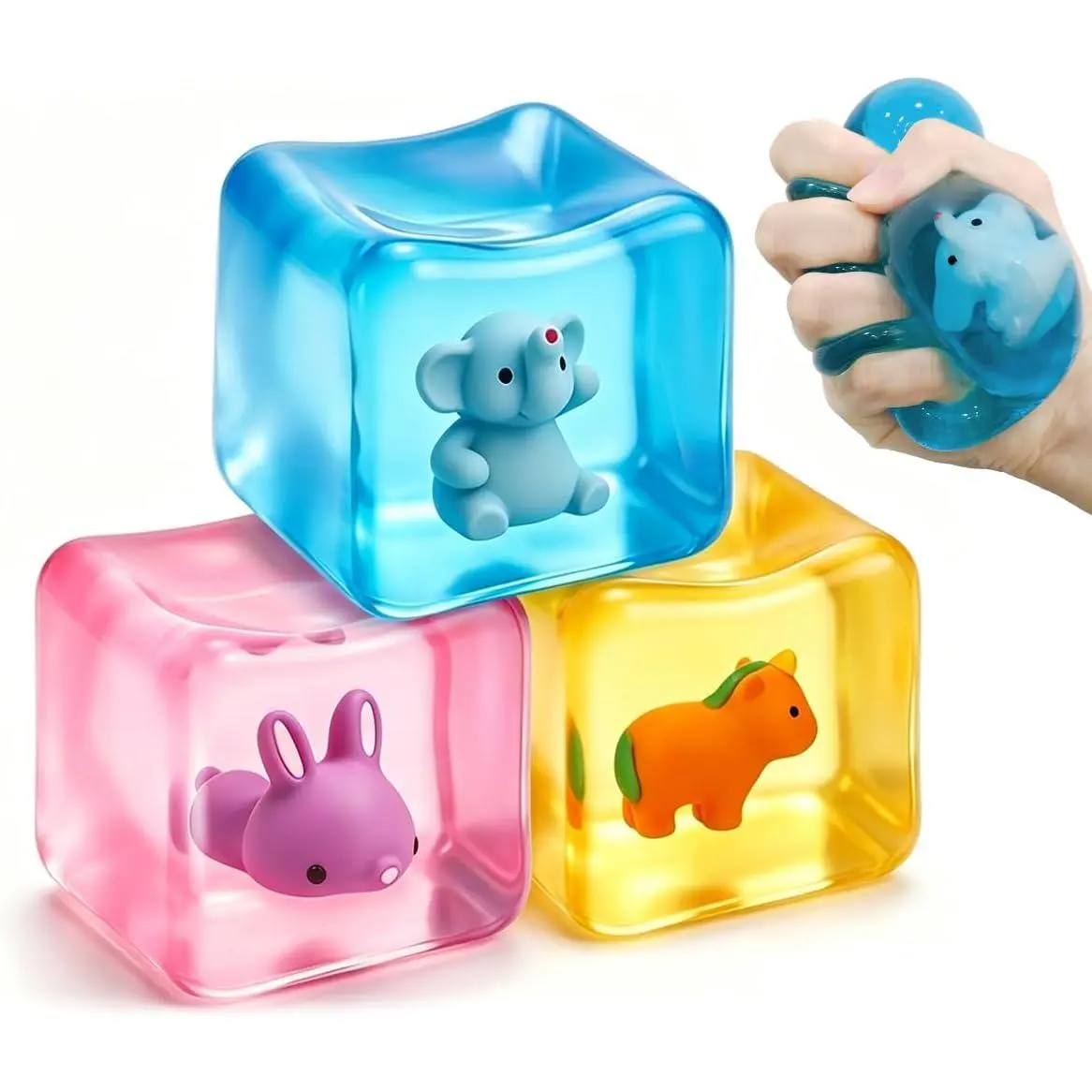 3 Pack Squishy Stress Cube Fidget Toys Adults & Kids – Glow in Dark Luminous Animals Inside, Gummy Maltose Sensory Toys for Kids Autism, Stress Balls for Teens Anxiety Squeeze Toysfidget toys