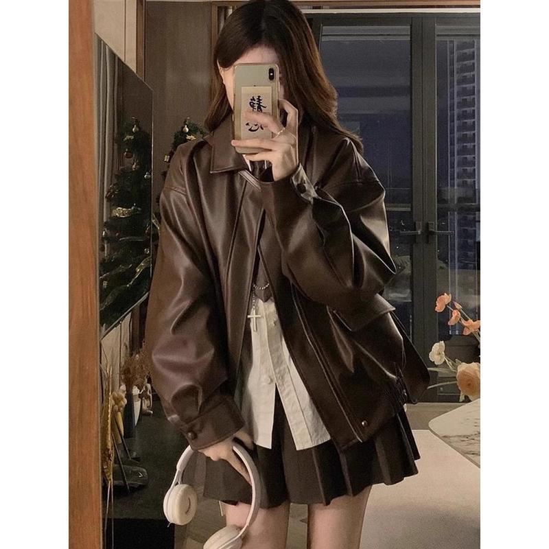 Maillard brown motorcycle leather jacket women 2026 new spring and autumn American retro windproof  jacket coat tide