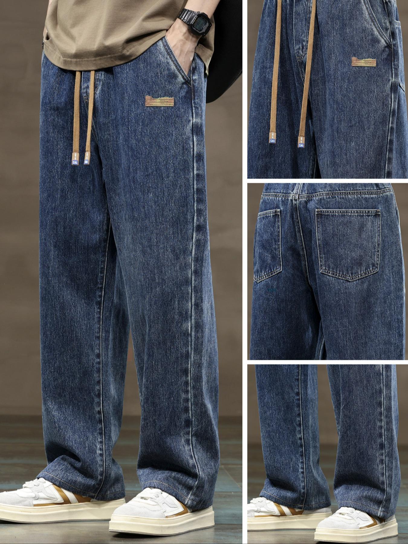 Men's drawstring elastic waist straight leg jeans, solid color casual versatile non stretch denim pants, fit straight leg version, suitable for all seasons