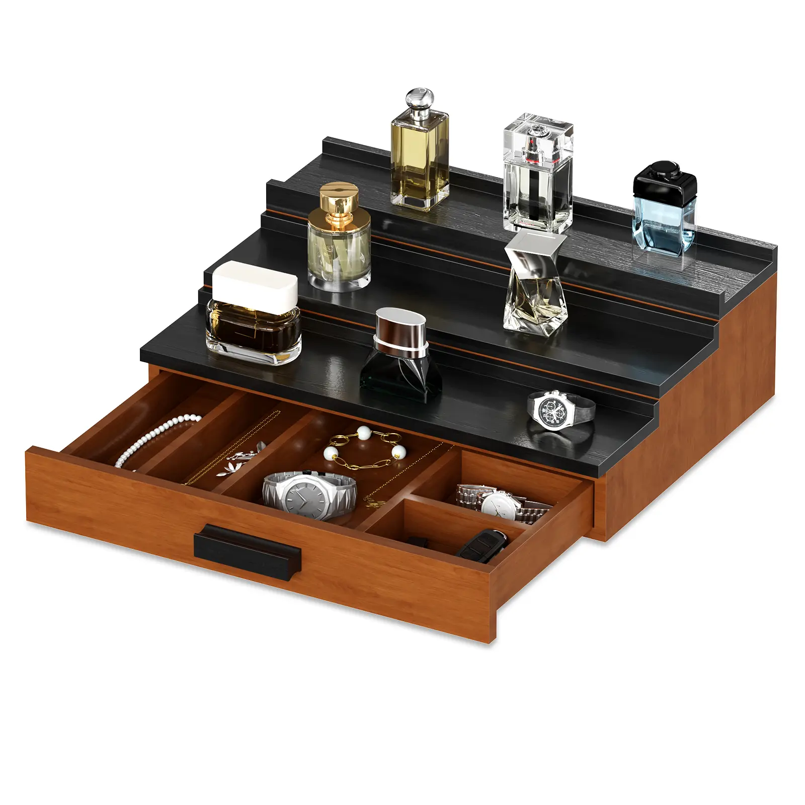 3-Tier Wooden Cologne Organizer with Drawer & Hidden Compartment – Fragrance Display Stand for Men – Perfume, Watch, Jewelry Storage – Ideal Gift for Desk or Bathroom