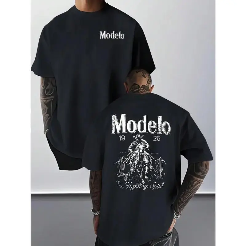 Modelo 1925 The Fighting Spirit Western Cowboy Cotton T-Shirt, Oversized Beer Brand Graphic Tee, Comfort Casual Outfit, Perfect Gift For Beer Lovers & Western Fans, Ideal Everyday Wear