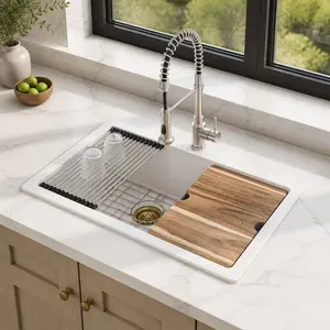 ARCH 21 x 20 Inch White Quartz Composite Drop-In Workstation Kitchen Sink with Cutting Board, Roll-Up Drying Rack, Bottom Grid, and Strainer, Single Bowl Bar Prep Sink for Kitchen Island or Laundry Room, White Color Options, Quartz Material