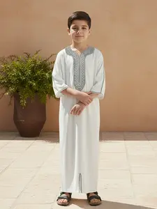 Moroccan Style Embroidered V Neck Boy Thobe, Three Quarter Sleeve with Pockets, Suitable for Daily Wear, Formal Occasions, Ramadan, Eid