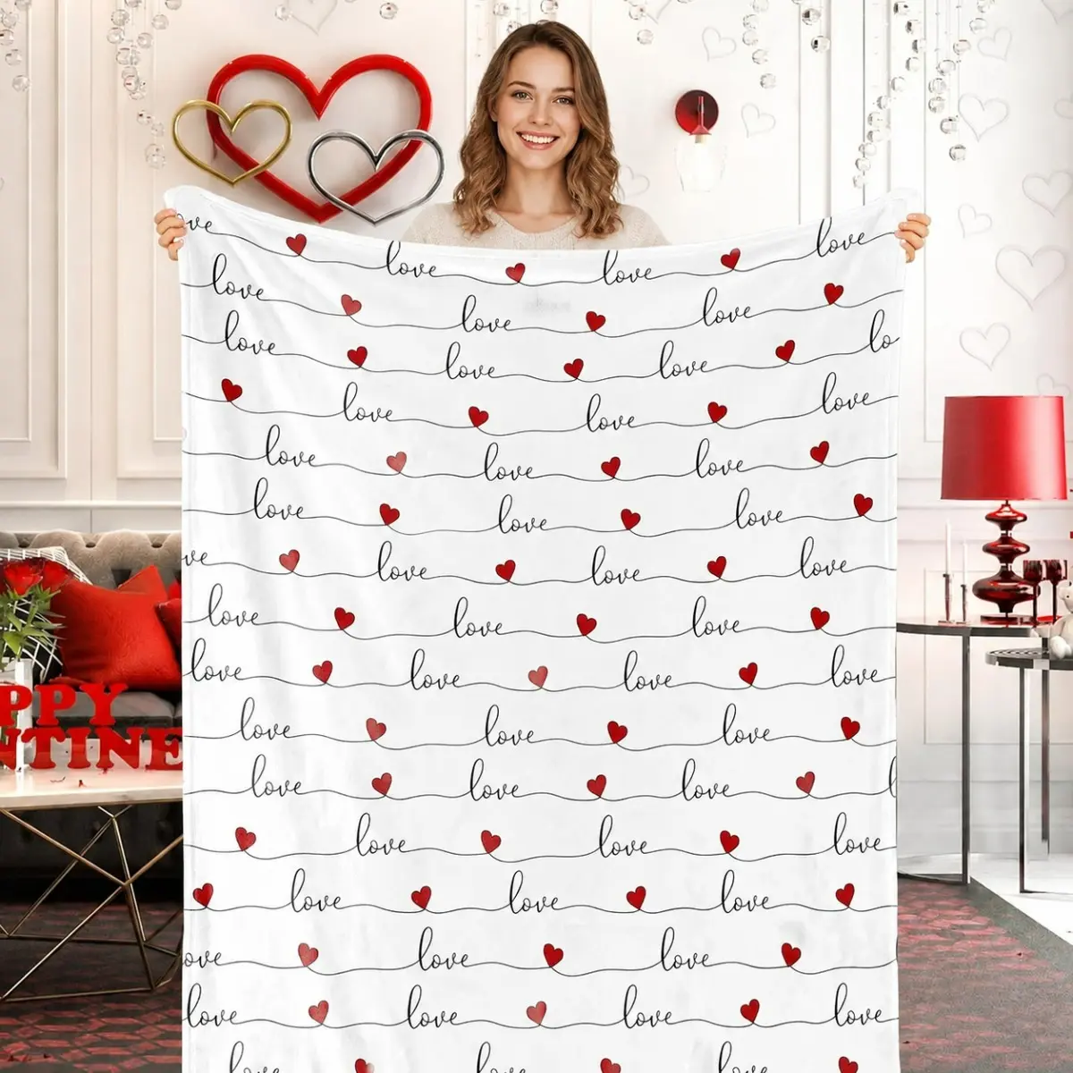Classic Heart Print Love Theme Throw Blanket - Romantic Valentine's Day Gift for Couples, Soft Furnishings for Bedroom Living Room, Room Decor