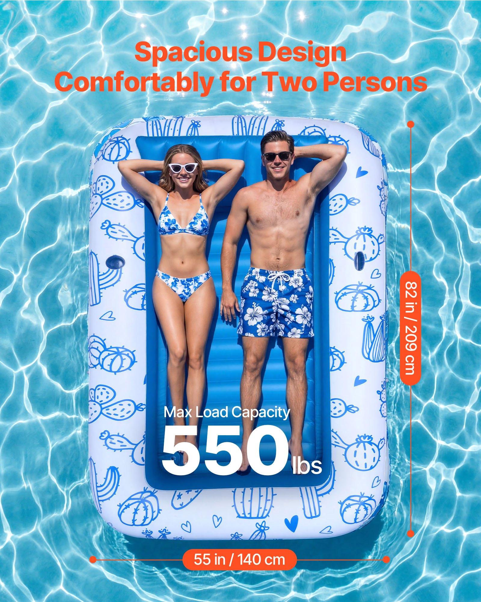 VEVOR Inflatable Pool Float with UPF 50+ Canopy, 82" x 55" Large Tanning Pool Floating Lounger for Adults, 550LBS Capacity Sunbathing Lounger Floaties with Pillow, Phone & Cup Holder for Water Fun