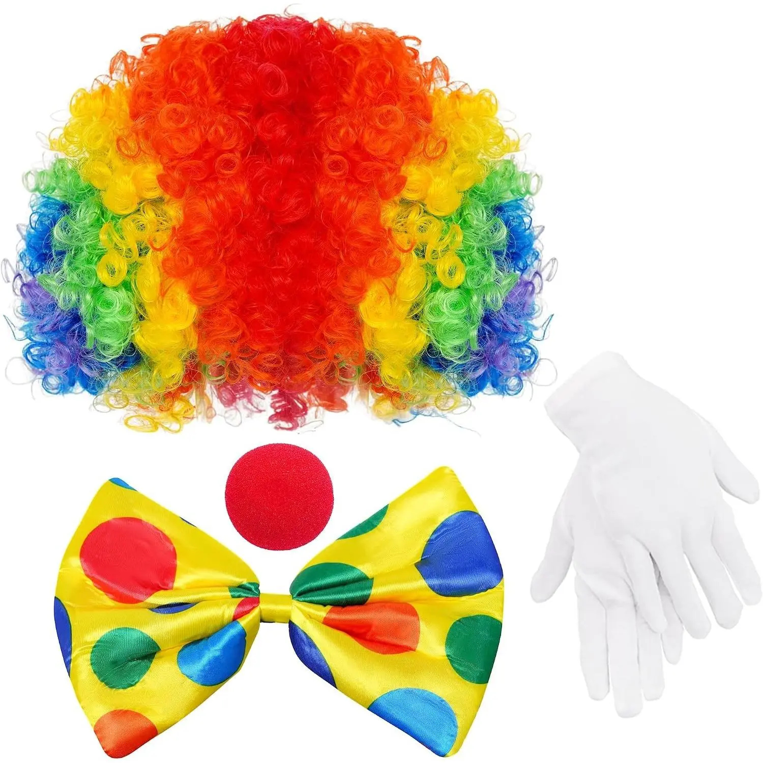 Clown Costume with Rainbow Wig, Red Nose, Bow Tie & Gloves for Men Women Adults - Halloween, Carnival, Party DecorationsGift