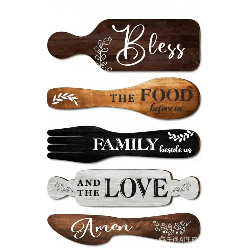 Dazzlewall 5-Piece Kitchen Wall Decor, Bless the Food Cookware Shaped Hanging Sign Rustic Farmhouse Design Decorative Wood Plaque for Farmhouse Kitchen Country Dining Room Wooden Plaque