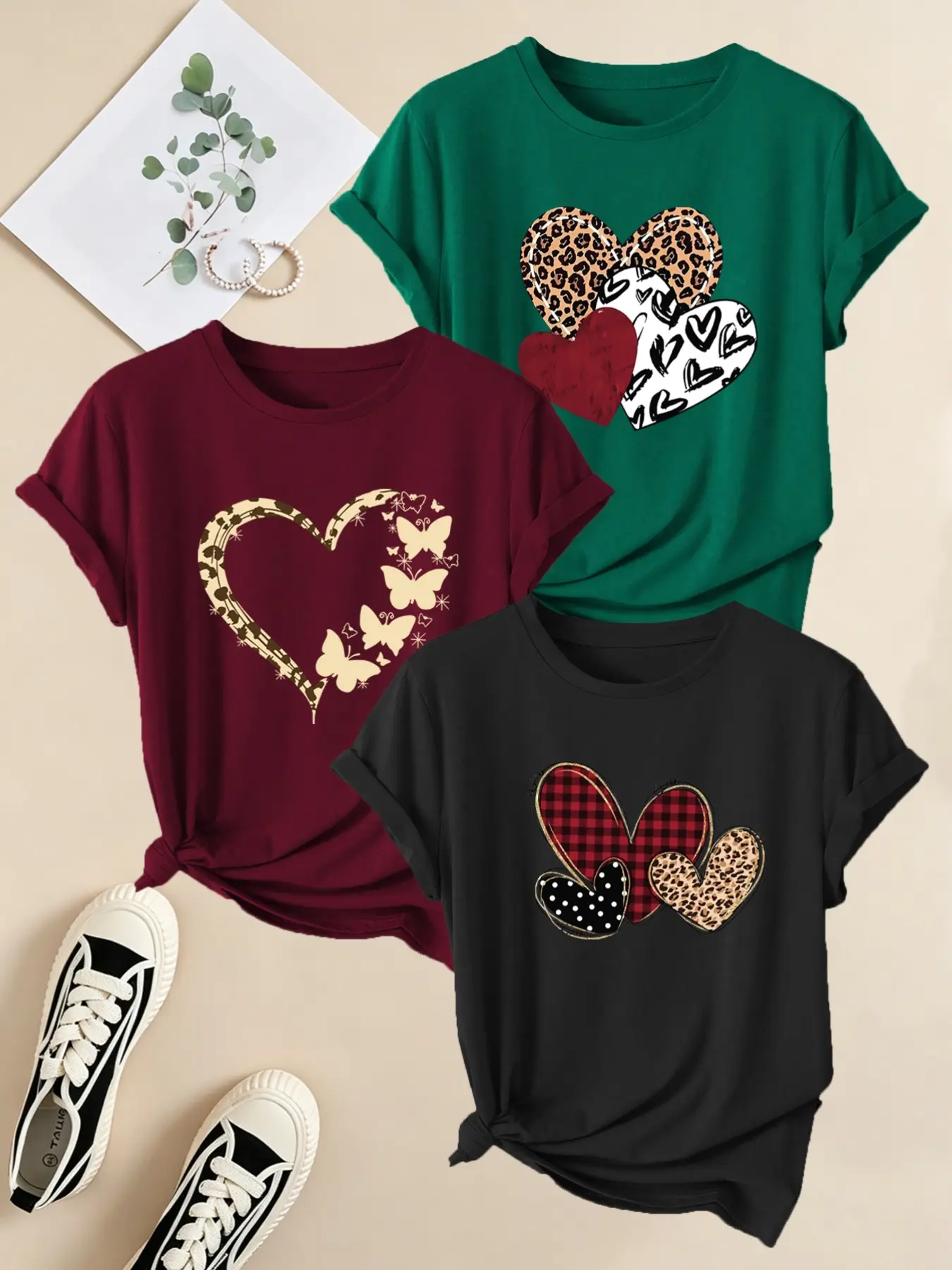 3-Pack Vintage Leopard Print Heart Pattern Short Sleeve T-Shirts, Women's Round Neck Casual Everyday Stretch Breathable Tops, Summer Daily Wear