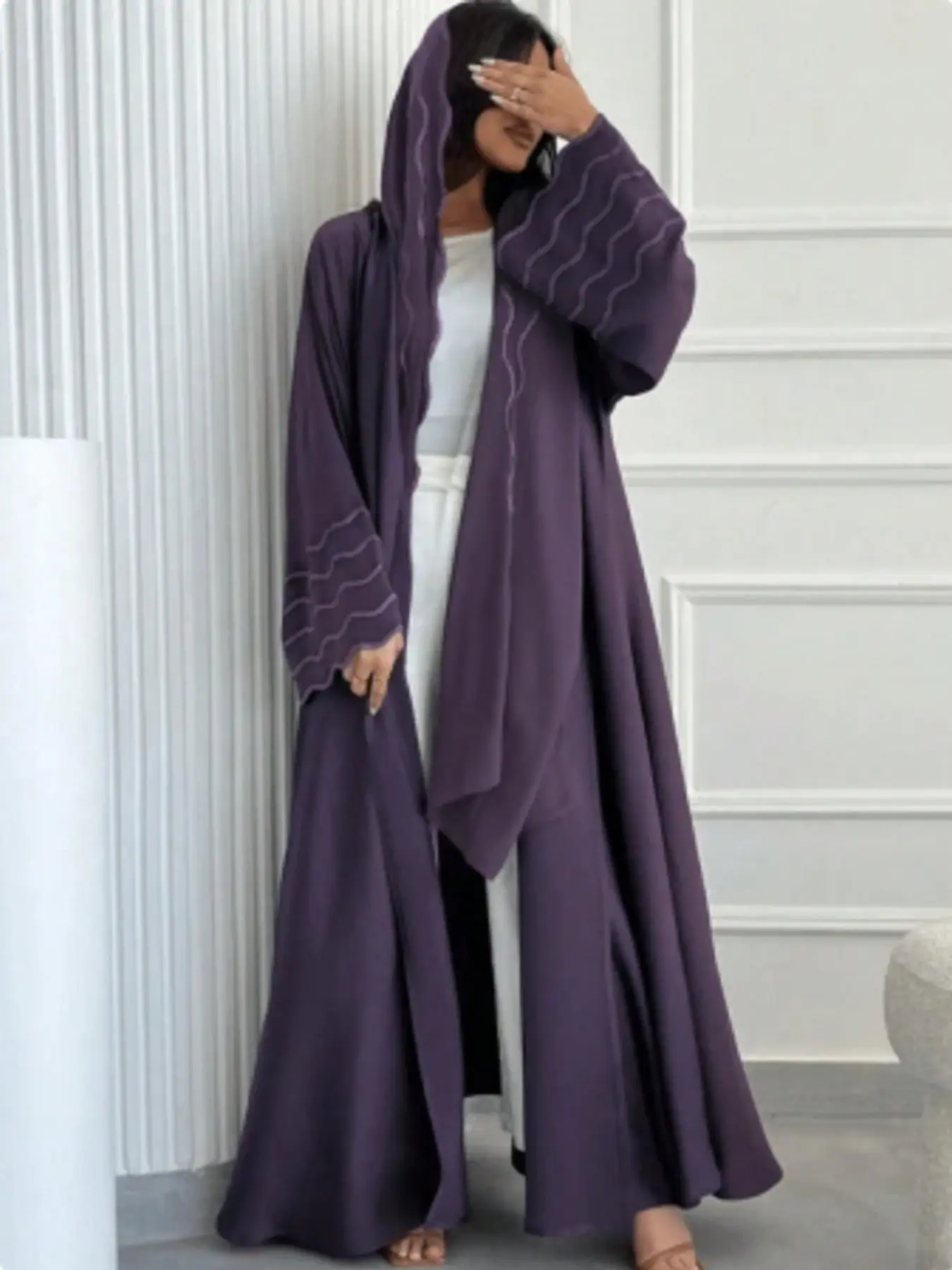 Hafizah Simple Line Embroidered Long Commuter Cardigan Set, Flowy Outerwear + Headscarf Two-Piece Set, Daily Commute Elegant Women's Clothing