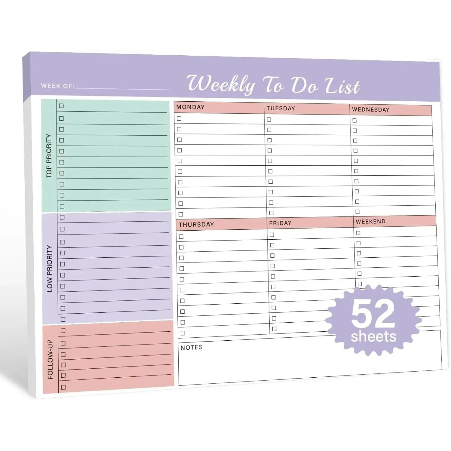 Modern Weekly To Do List Notepad - Undated Set with 52 Tear-Off Pages, 8.5in*11in Smooth Paper, Task Management Desk Planner for Women, Home & Work Use - Violet Whispers