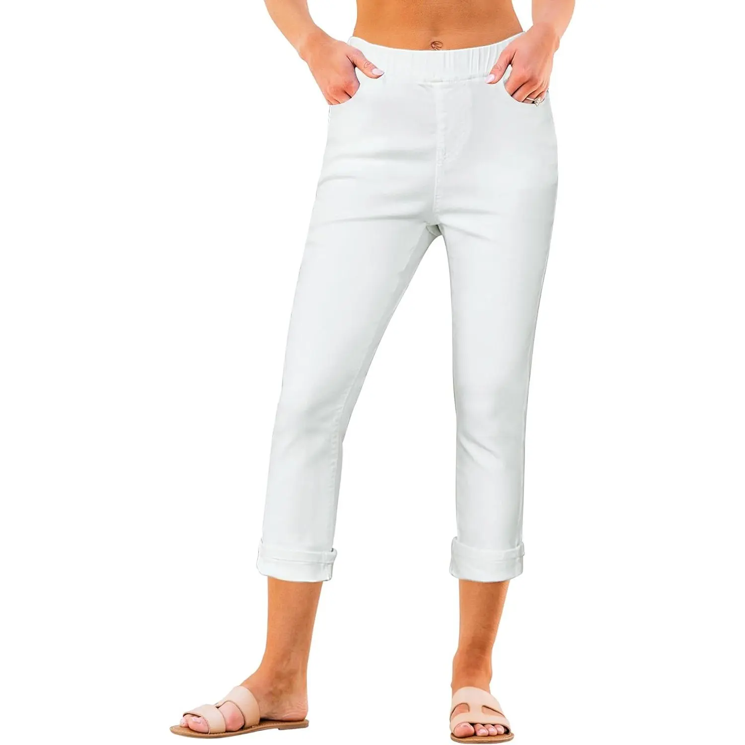 Women's High-Waisted Pull On Jeans - Slim Fit Capri Cut Bottoms, Stretch Denim Cropped Pants for Casual Wear