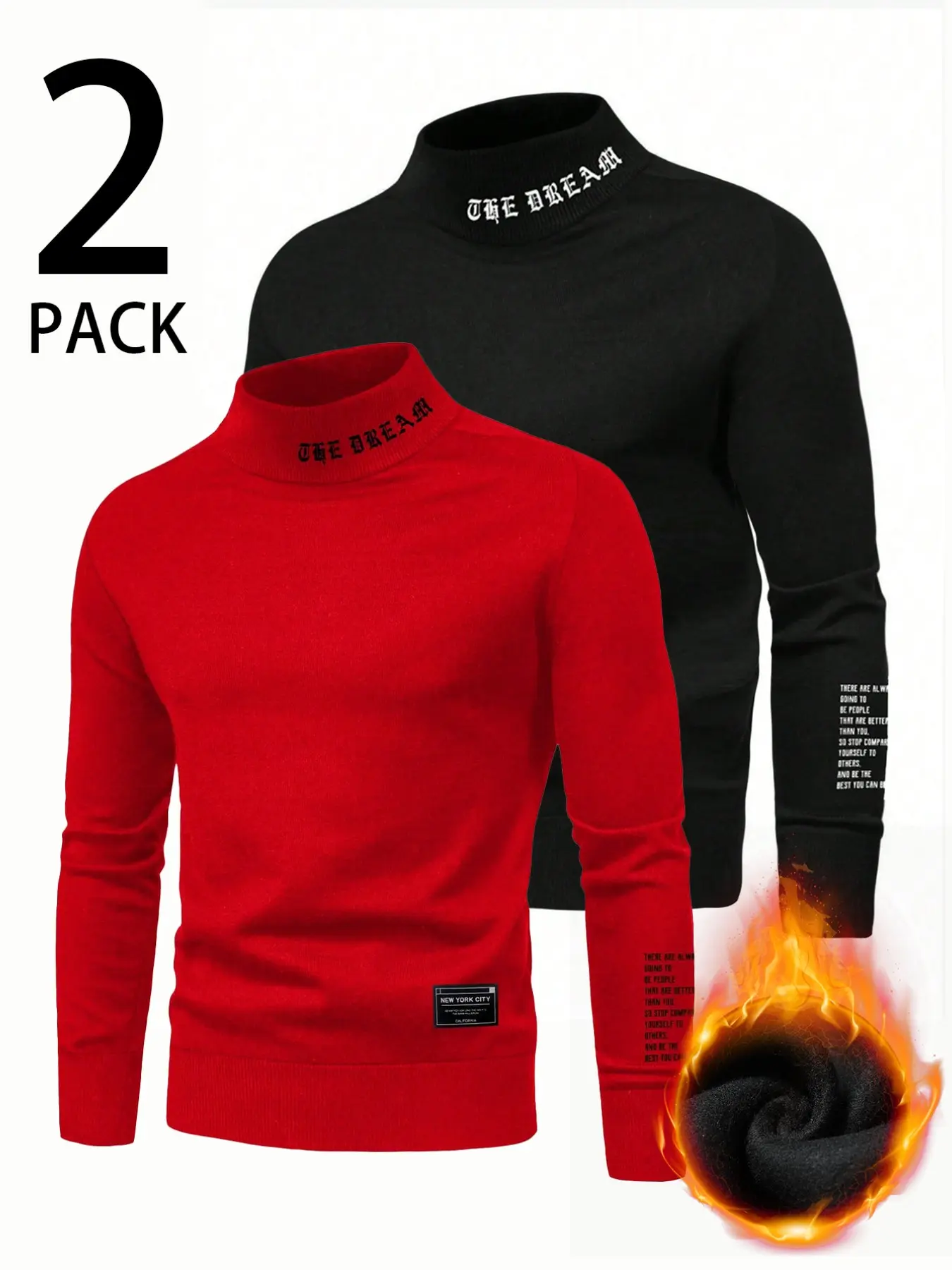 Men's 2-Pack Warm Innerwear Set, High Neck Long Sleeve Sweater, Fall Winter Cozy Pullover, Thickened Fleece T-Shirt, Casual Wear