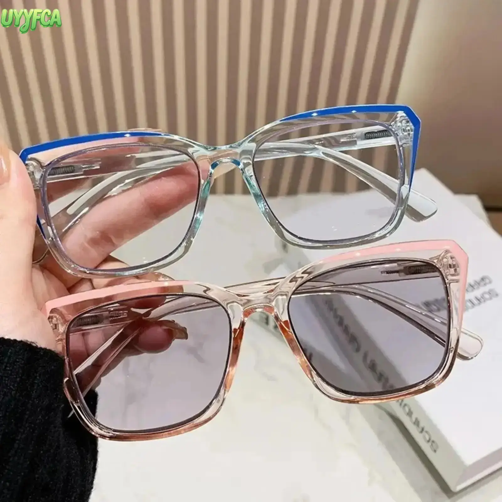 Two-Tone Transparent Square Photochromic Glasses For Women, Cat Edge Progressive Dual Vision Eyeglasses, Lightweight TR Frame Fashion Eyewear, Multi Pastel Color Option For Daily Driving Shopping Outdoor Daily Matching,back to school,back to school haul