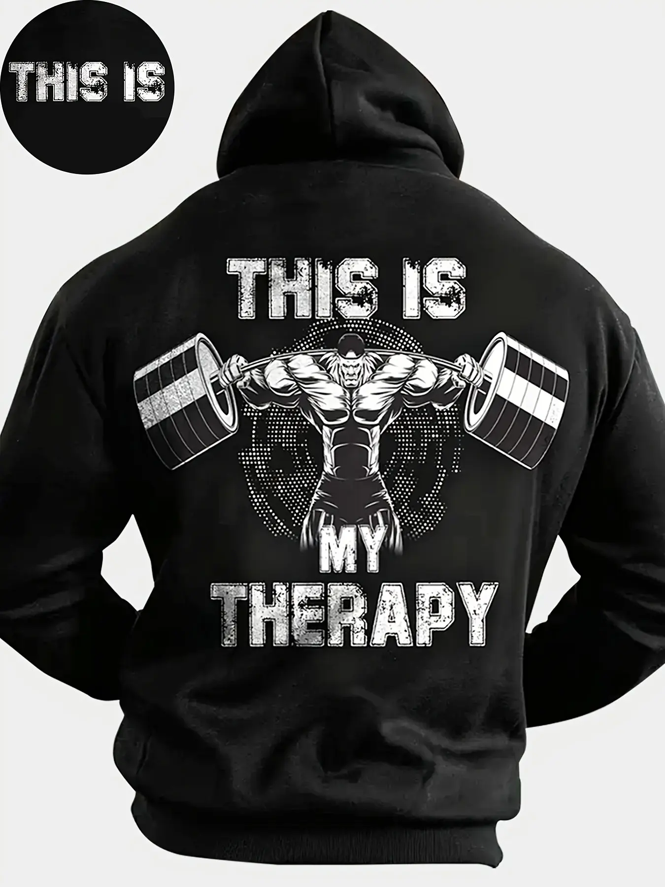 Men's Pullover Hoodie, This Is My Therapy Weightlifting Muscle Man Barbell Back Print, Motivational Hardcore Gym Workout Casual Sweatshirt for Men